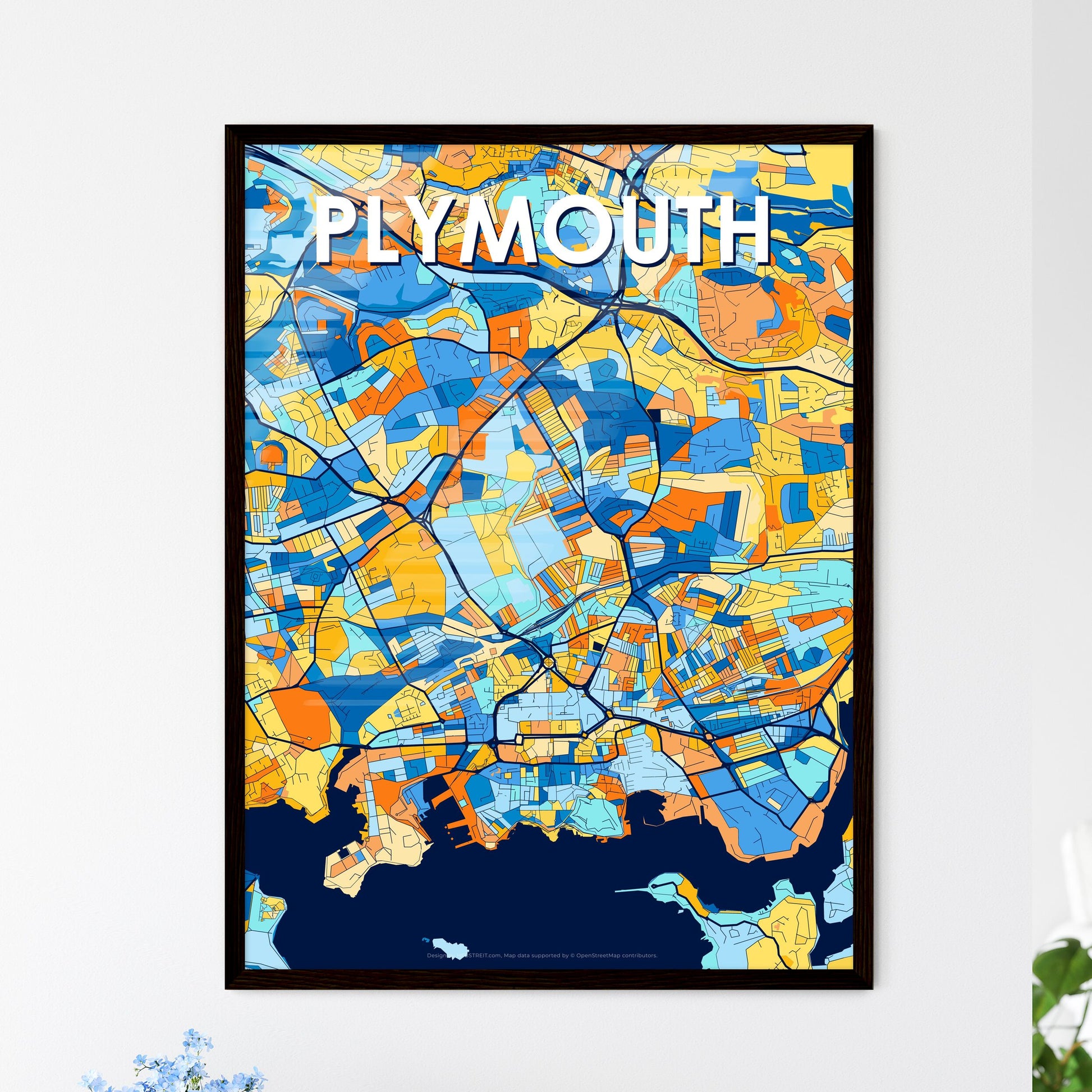 PLYMOUTH ENGLAND Vibrant Colorful Art Map Poster Blue Orange