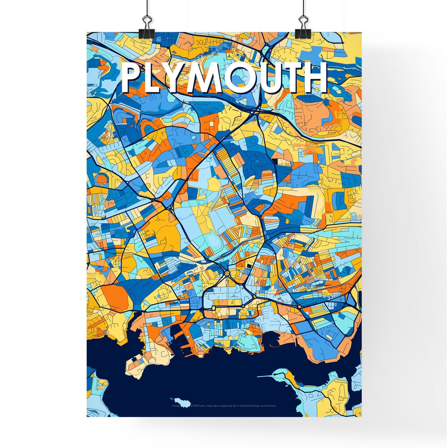 PLYMOUTH ENGLAND Vibrant Colorful Art Map Poster Blue Orange