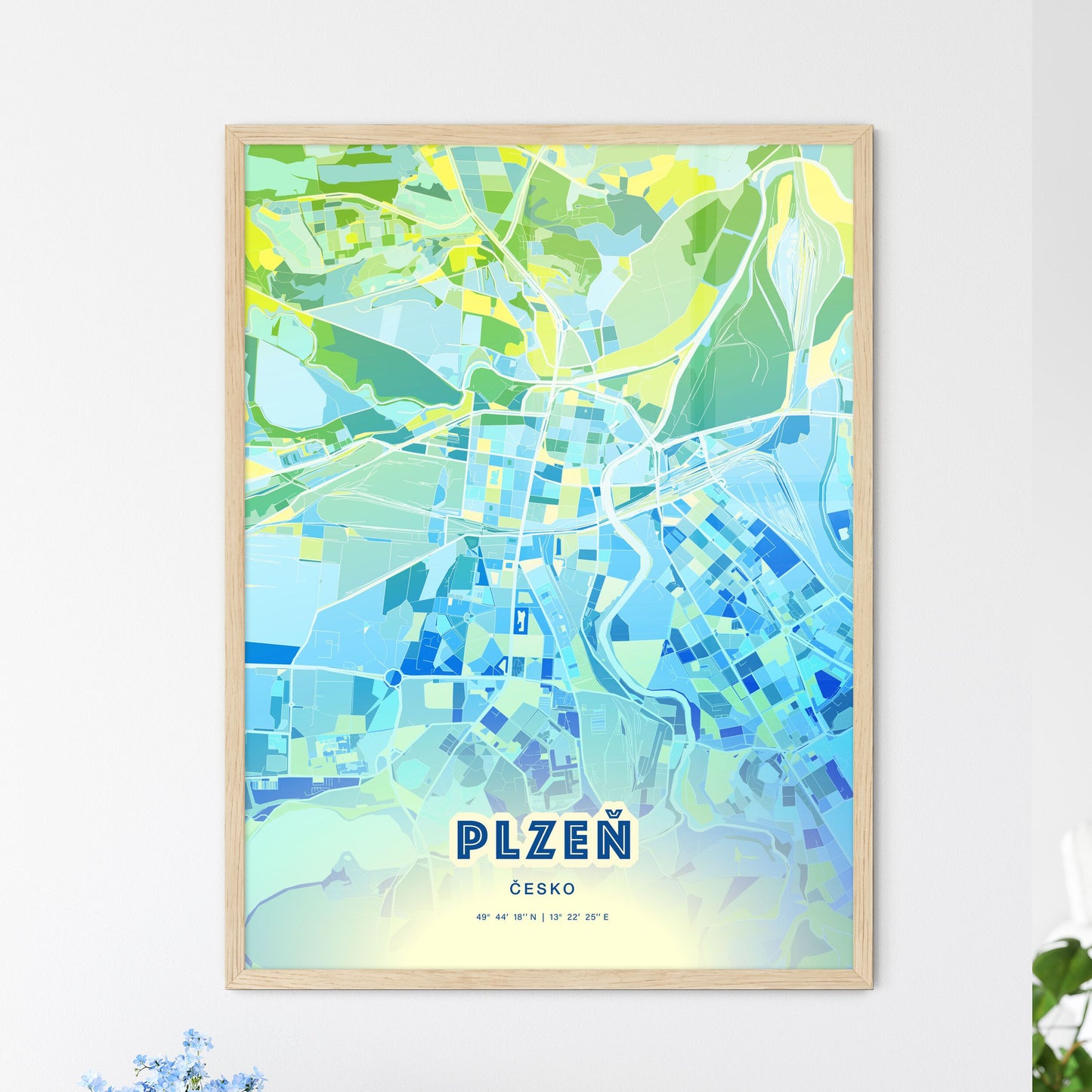 Colorful Plzeň Czechia Fine Art Map Cool Blue