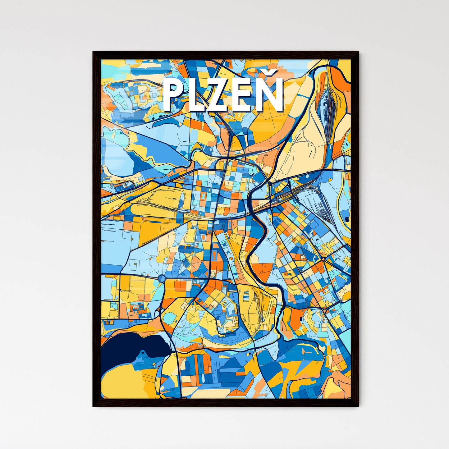 PLZEŇ CZECHIA Vibrant Colorful Art Map Poster Blue Orange