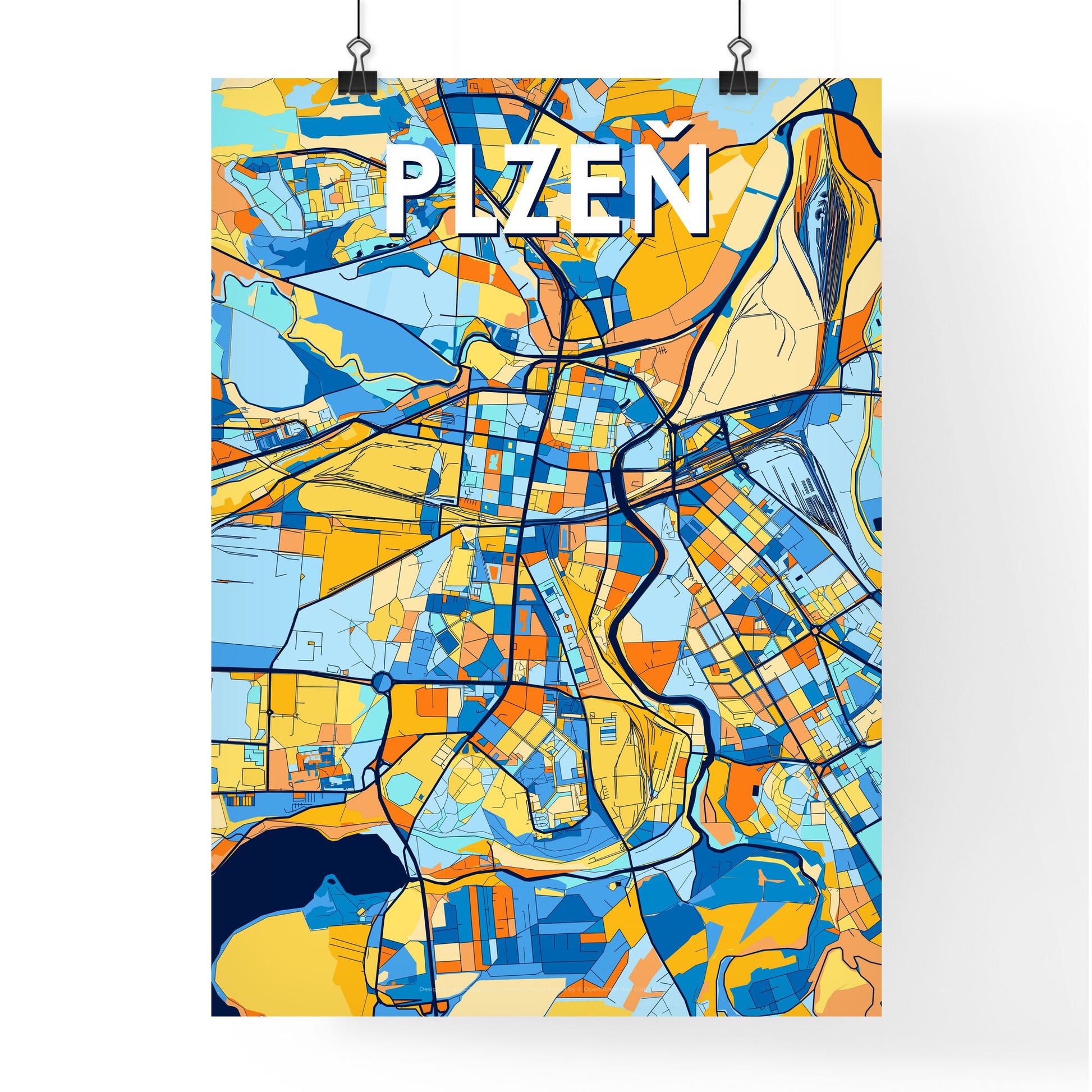 PLZEŇ CZECHIA Vibrant Colorful Art Map Poster Blue Orange