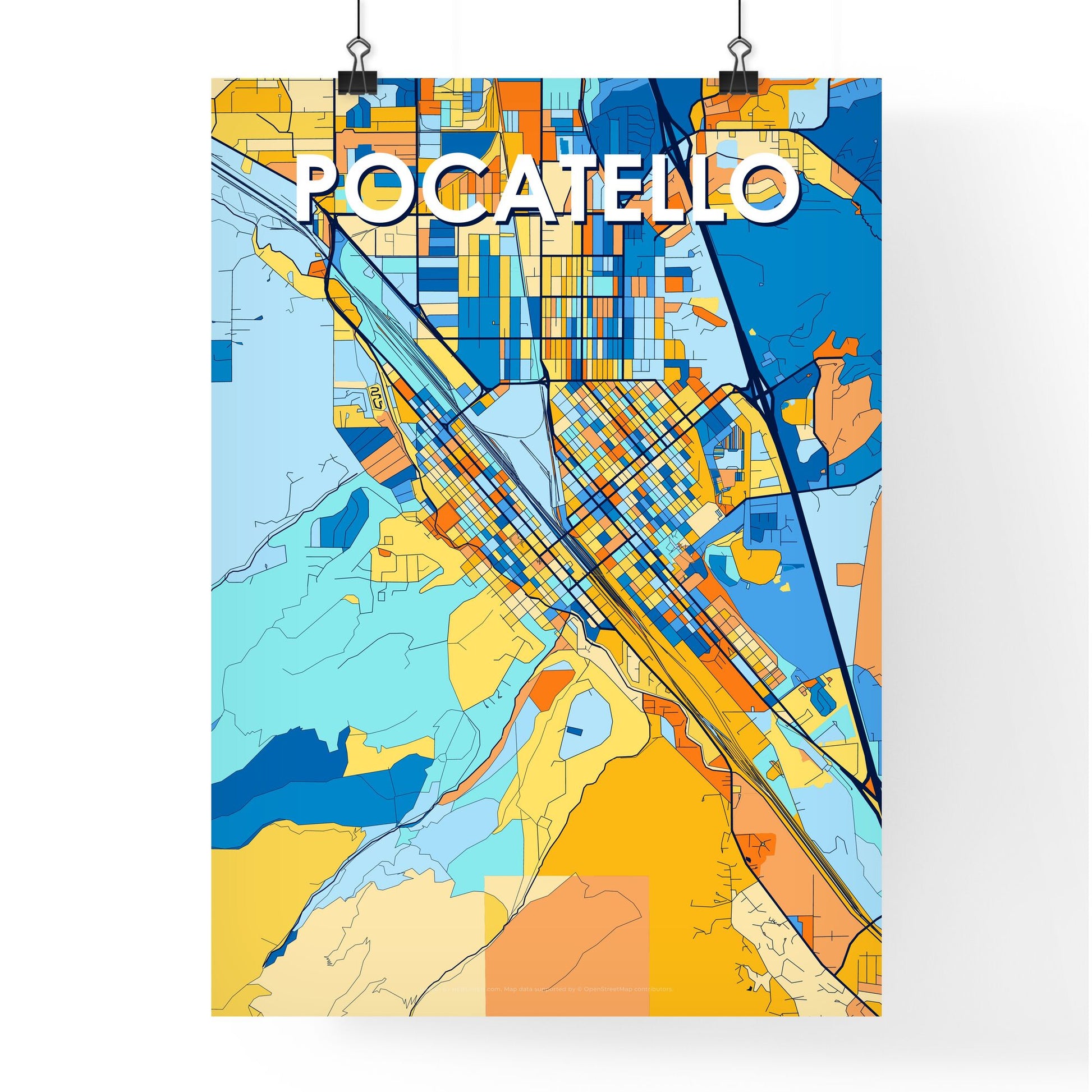 POCATELLO IDAHO Vibrant Colorful Art Map Poster Blue Orange