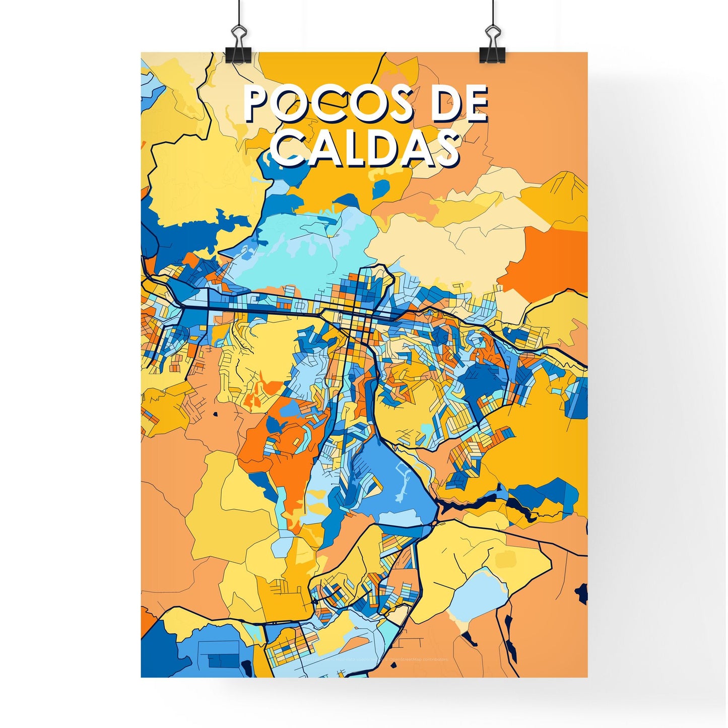 POCOS DE CALDAS BRAZIL Vibrant Colorful Art Map Poster Blue Orange