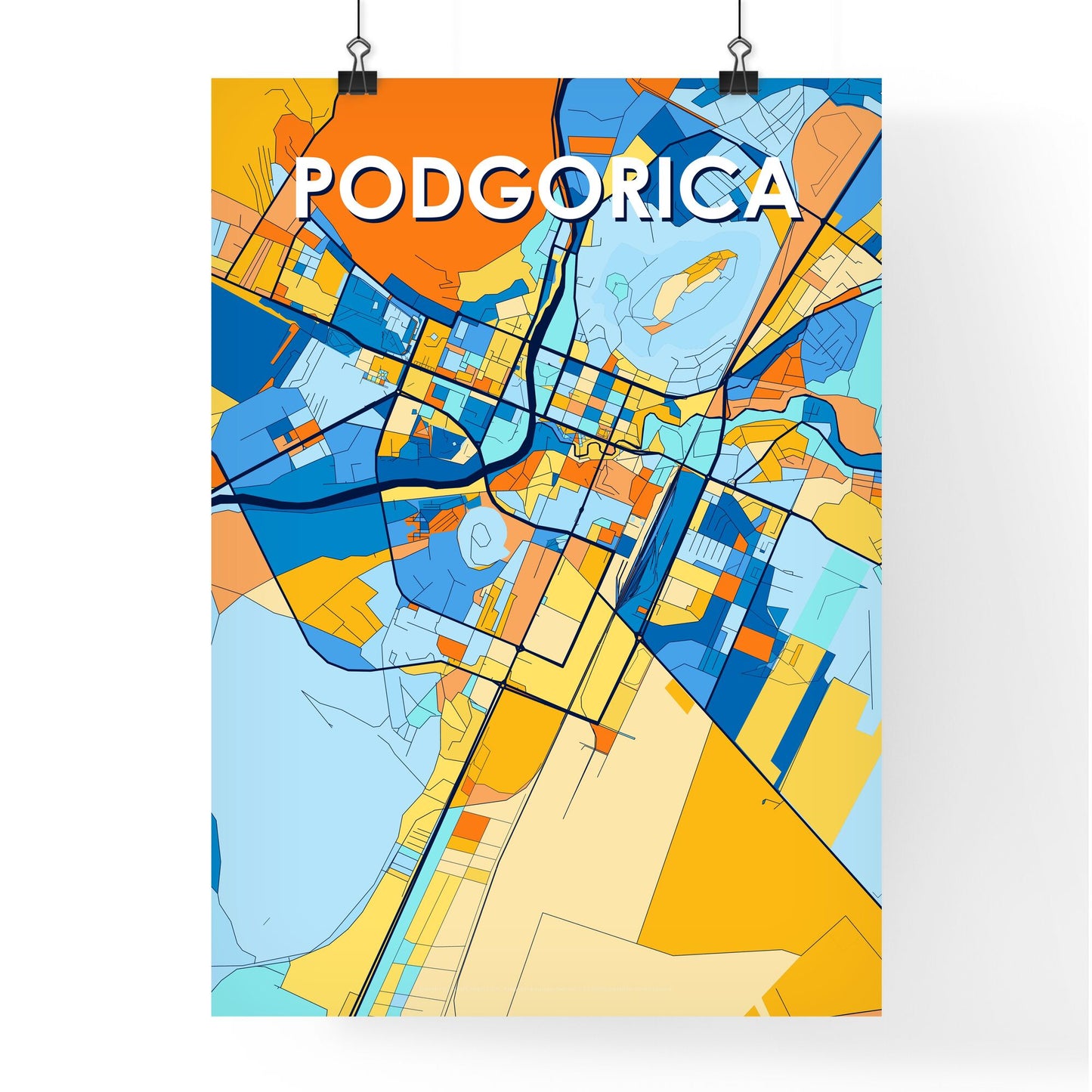 PODGORICA MONTENEGRO Vibrant Colorful Art Map Poster Blue Orange