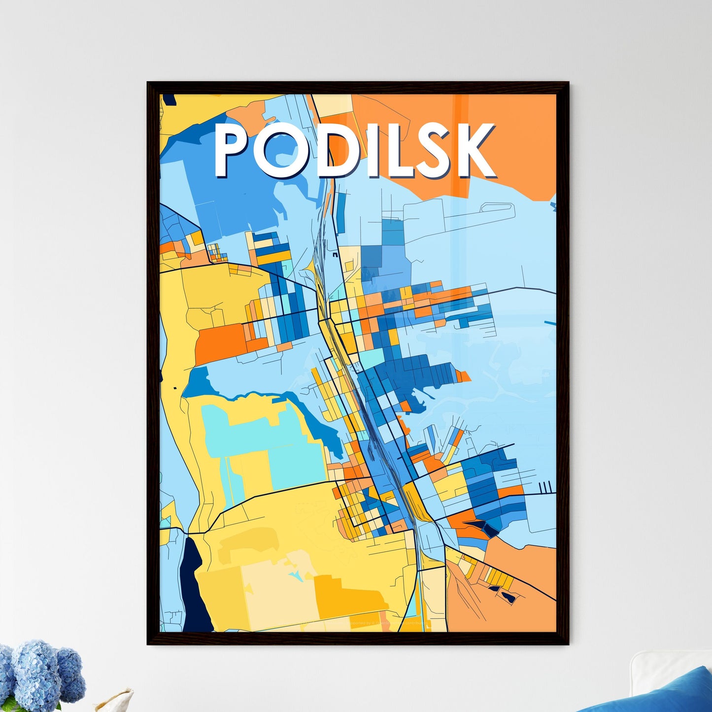 PODILSK UKRAINE Vibrant Colorful Art Map Poster Blue Orange