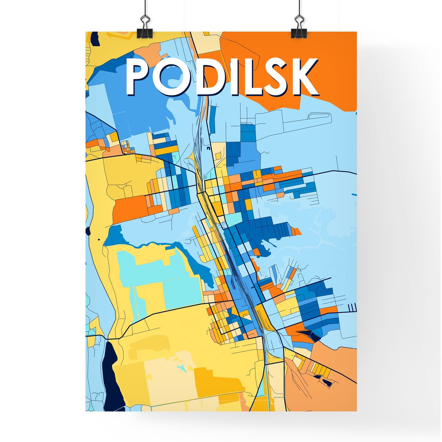 PODILSK UKRAINE Vibrant Colorful Art Map Poster Blue Orange