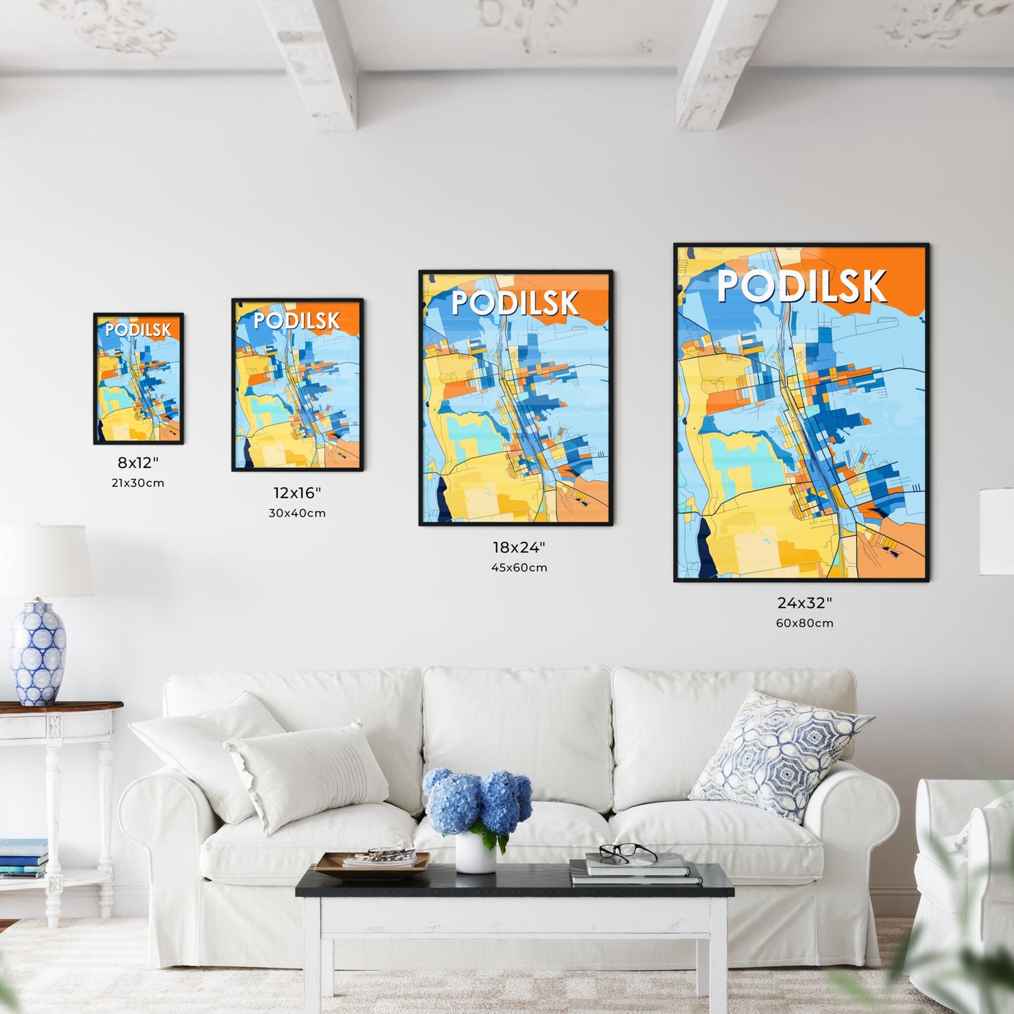 PODILSK UKRAINE Vibrant Colorful Art Map Poster Blue Orange