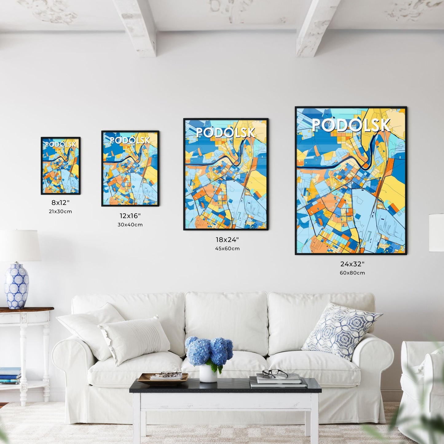 PODOLSK RUSSIA Vibrant Colorful Art Map Poster Blue Orange