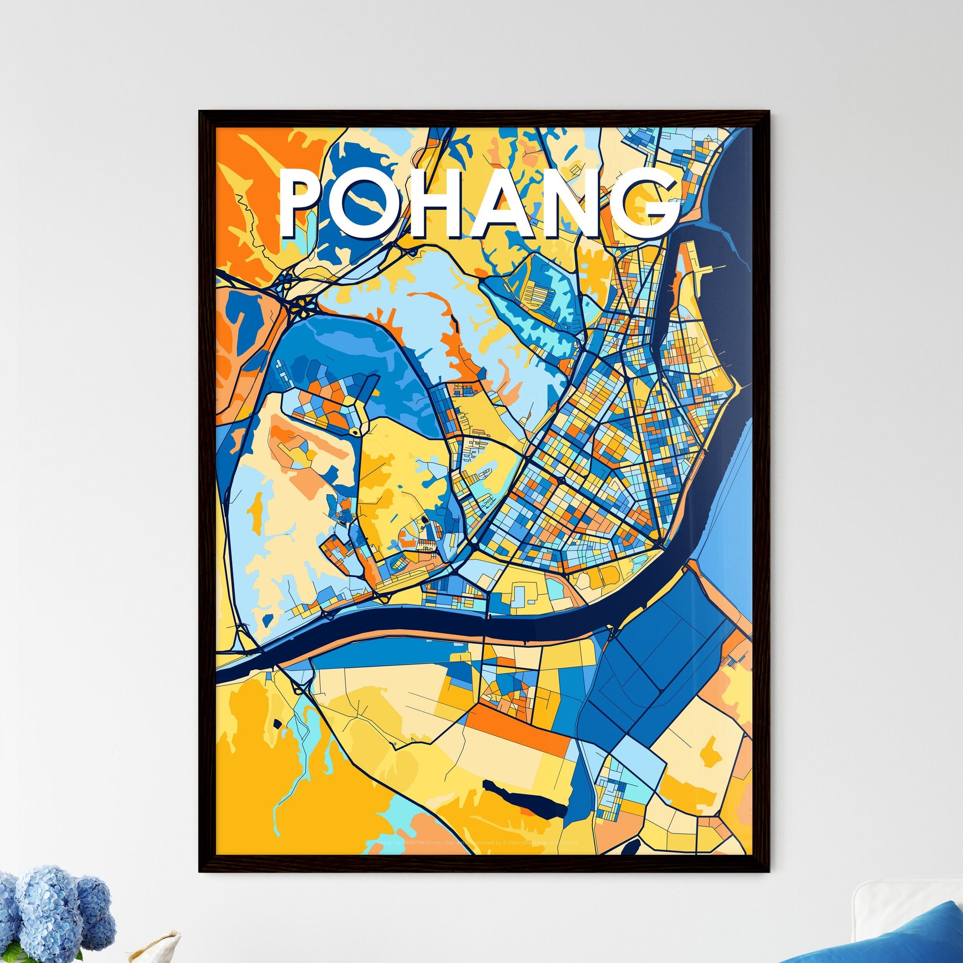 POHANG SOUTH KOREA Vibrant Colorful Art Map Poster Blue Orange