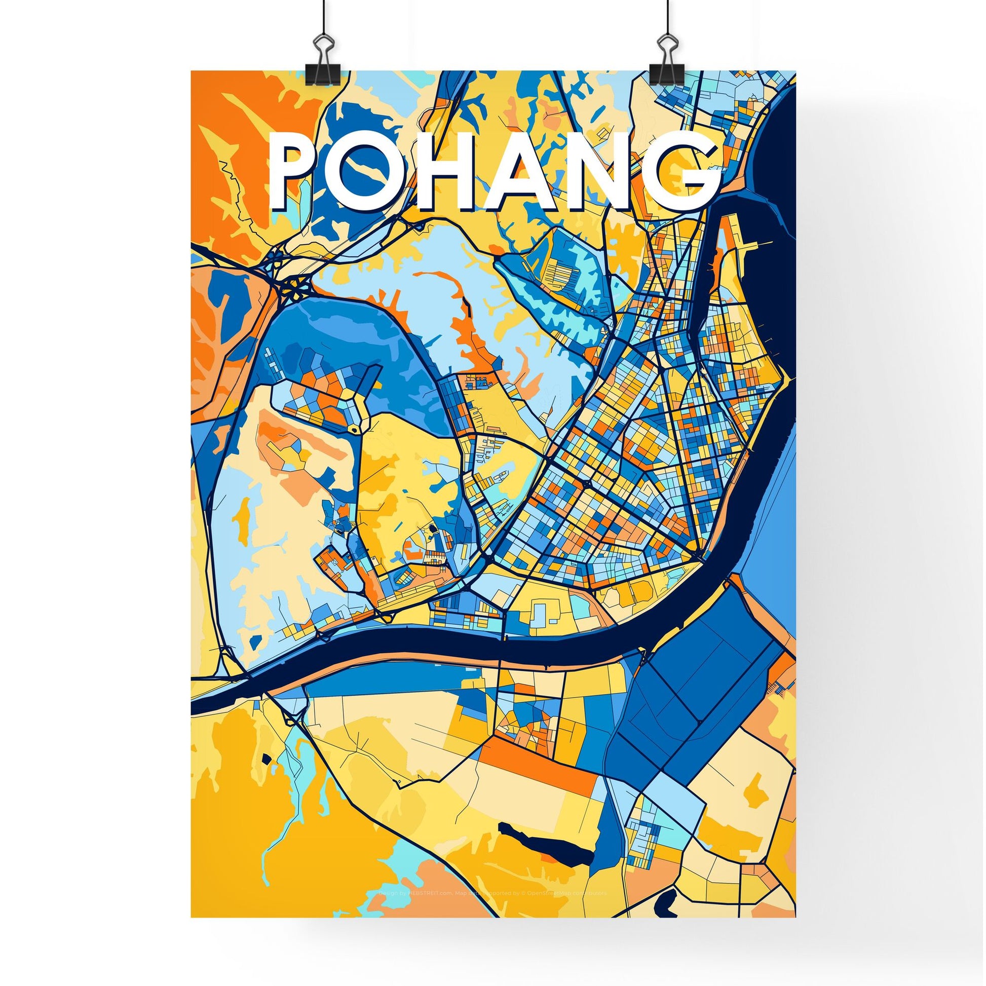 POHANG SOUTH KOREA Vibrant Colorful Art Map Poster Blue Orange