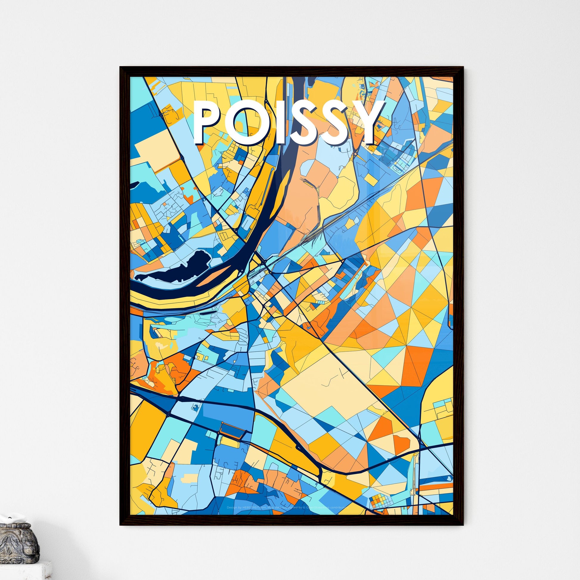 POISSY FRANCE Vibrant Colorful Art Map Poster Blue Orange