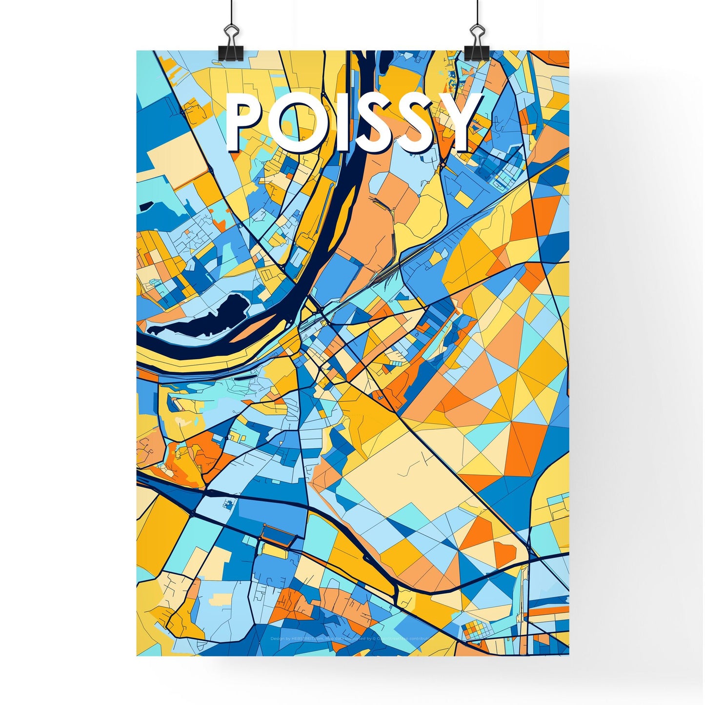 POISSY FRANCE Vibrant Colorful Art Map Poster Blue Orange