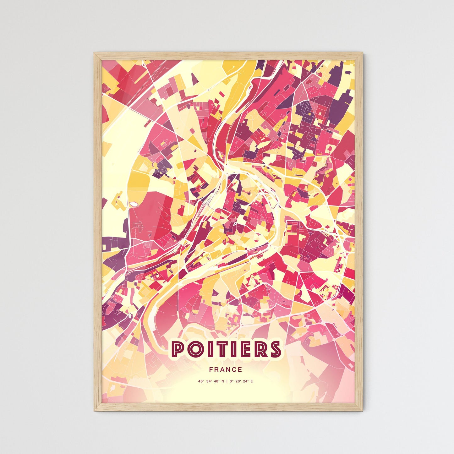 Colorful Poitiers France Fine Art Map Hot Red