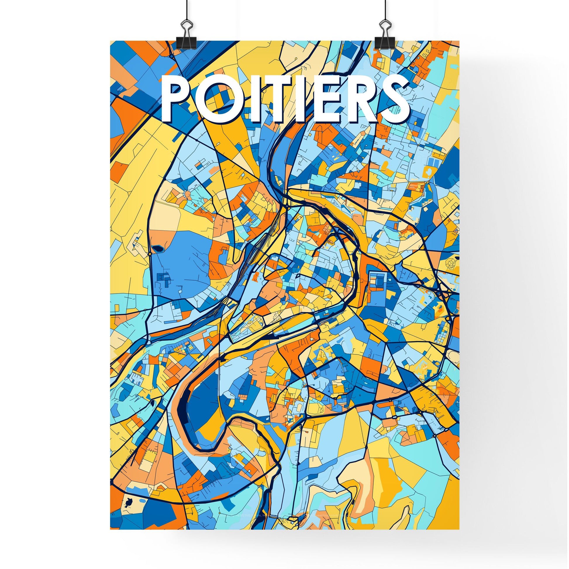 POITIERS FRANCE Vibrant Colorful Art Map Poster Blue Orange