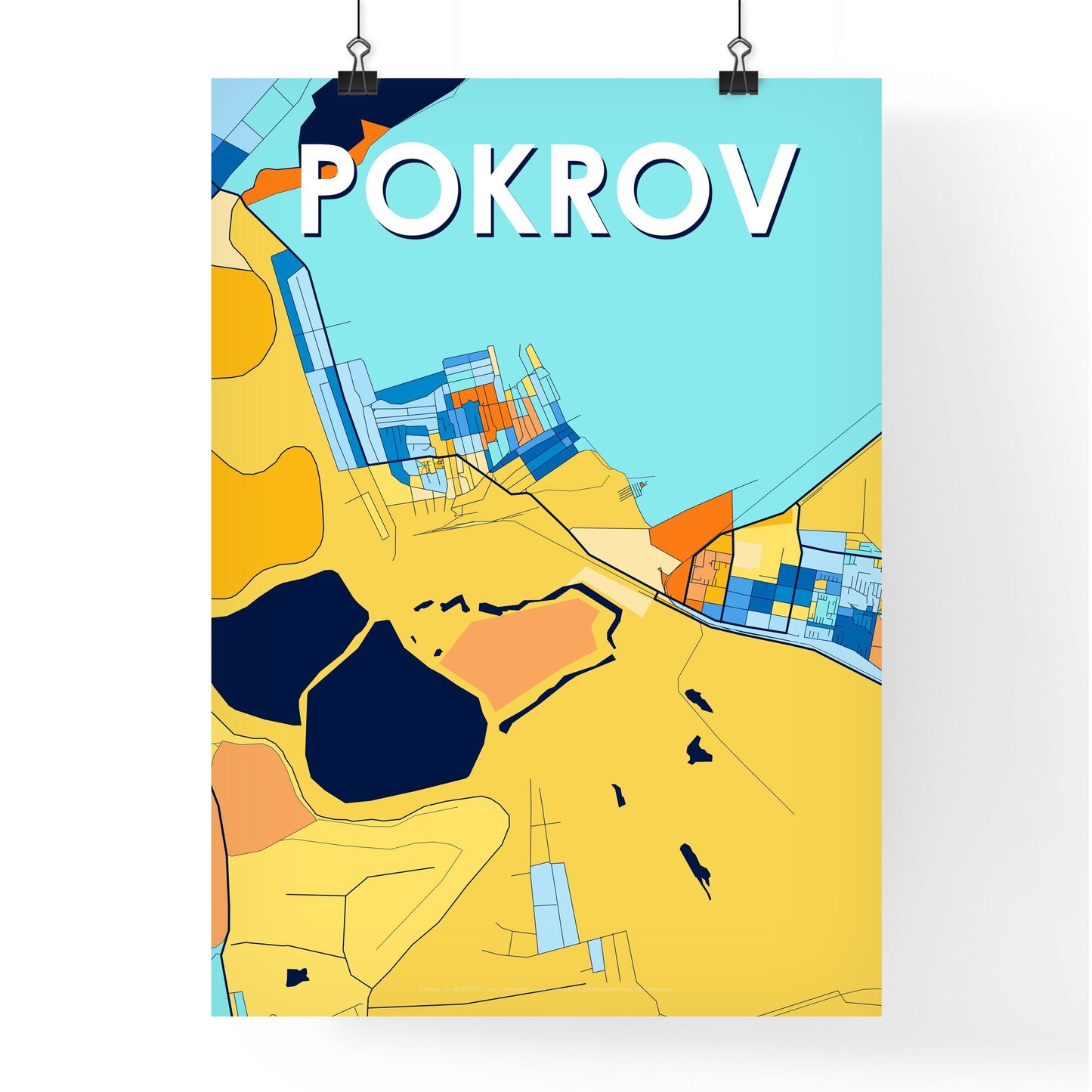 POKROV UKRAINE Vibrant Colorful Art Map Poster Blue Orange