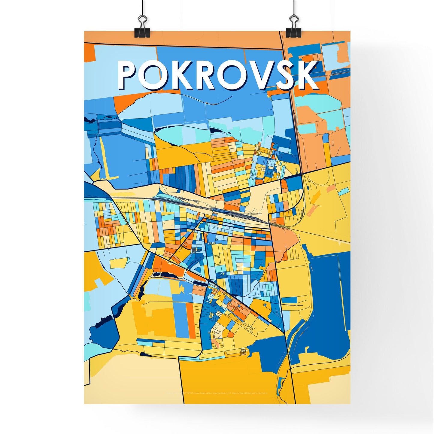 POKROVSK UKRAINE Vibrant Colorful Art Map Poster Blue Orange