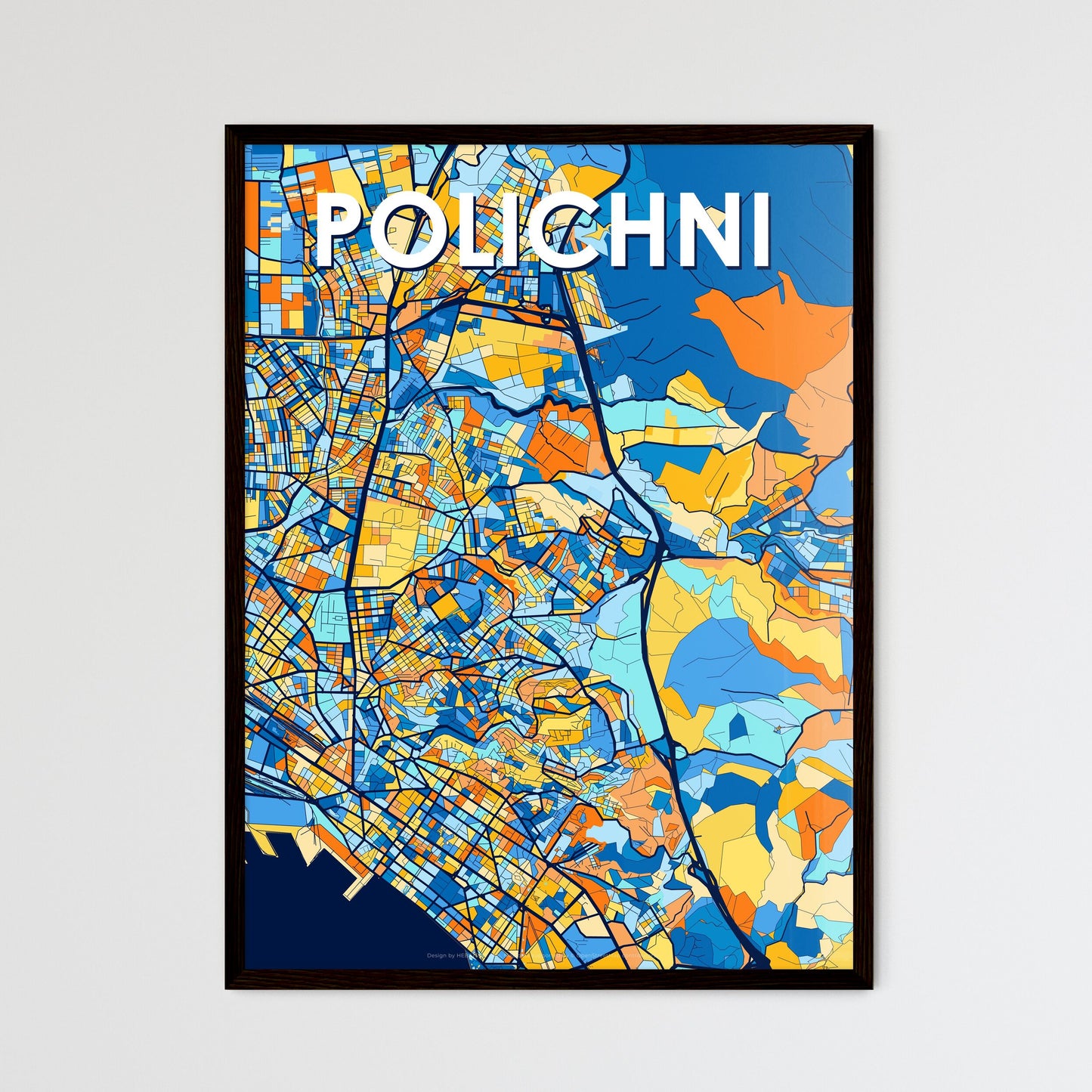 POLICHNI GREECE Vibrant Colorful Art Map Poster Blue Orange