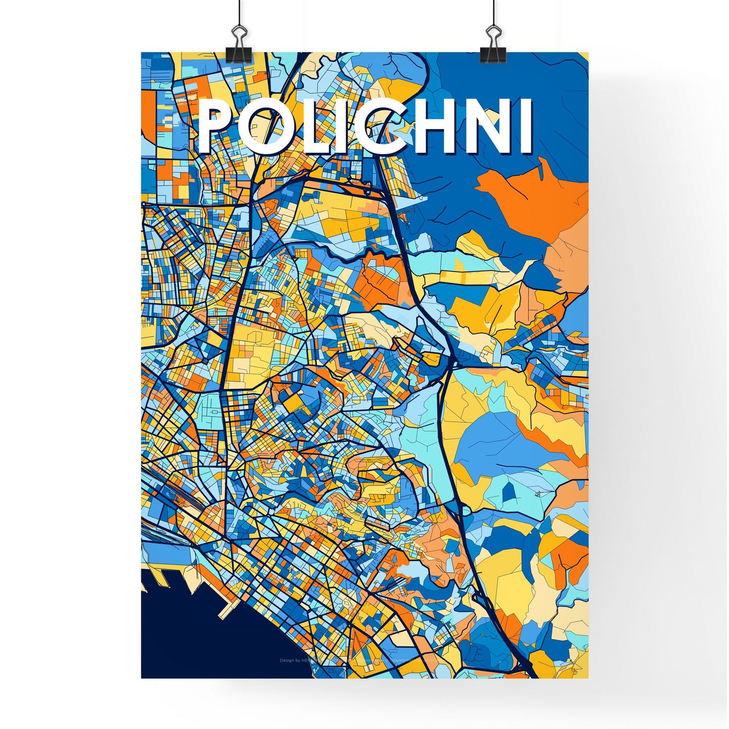 POLICHNI GREECE Vibrant Colorful Art Map Poster Blue Orange