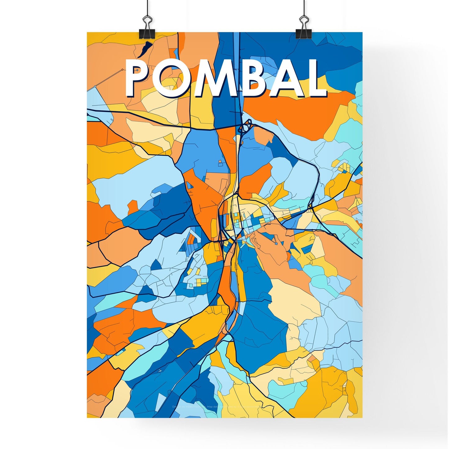 POMBAL PORTUGAL Vibrant Colorful Art Map Poster Blue Orange