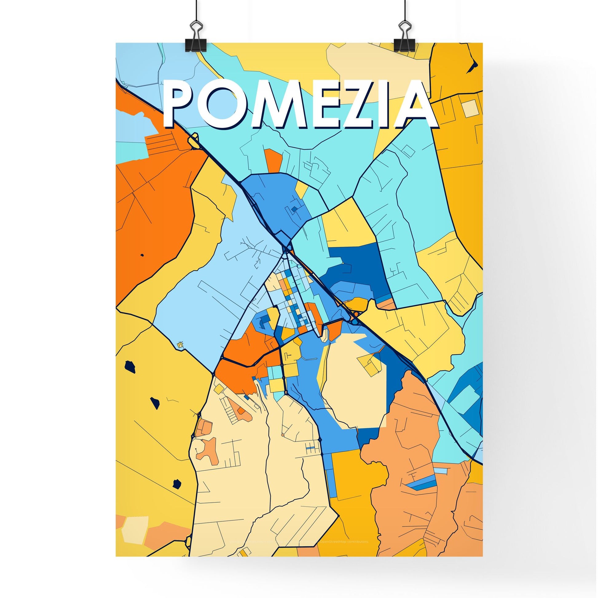 POMEZIA ITALY Vibrant Colorful Art Map Poster Blue Orange