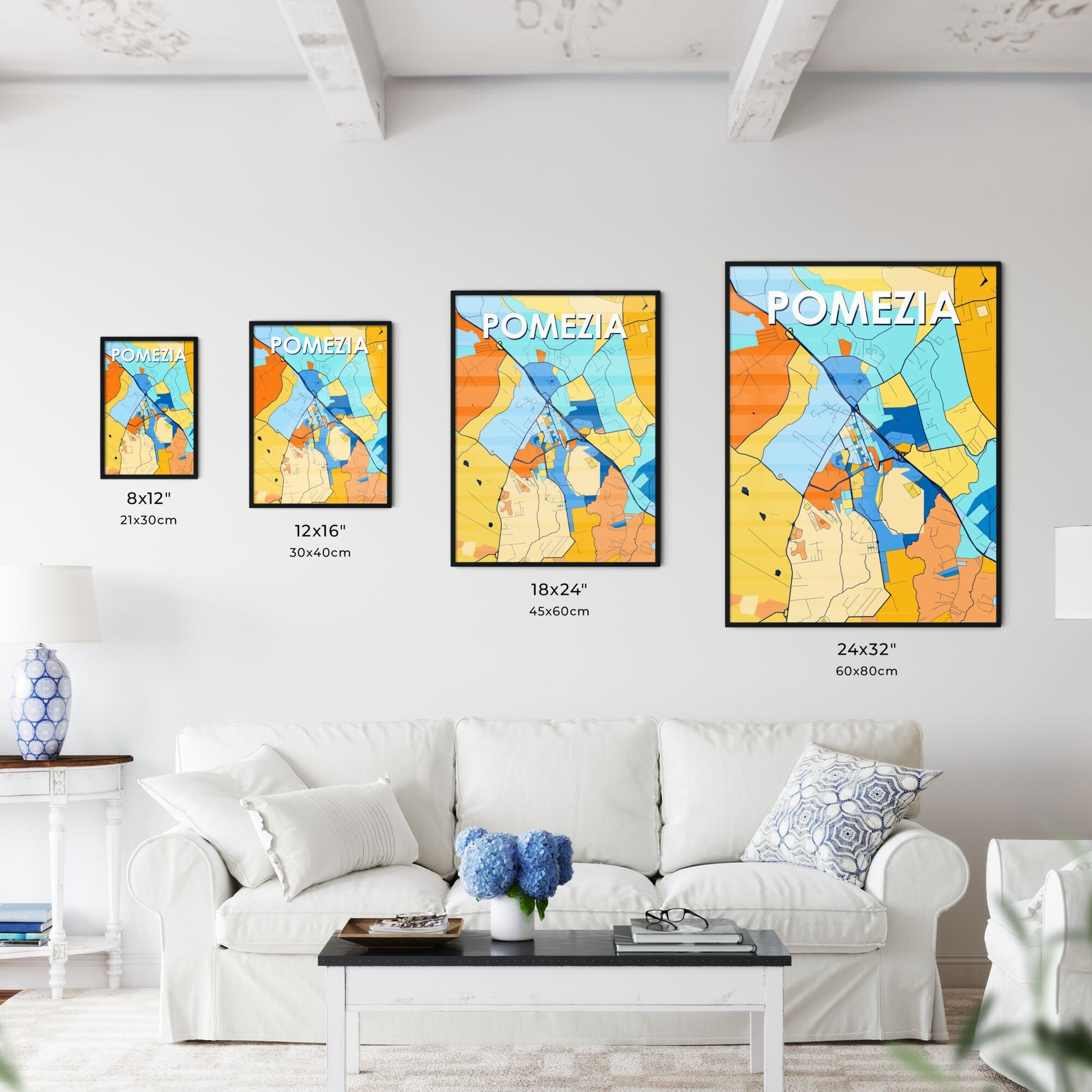 POMEZIA ITALY Vibrant Colorful Art Map Poster Blue Orange