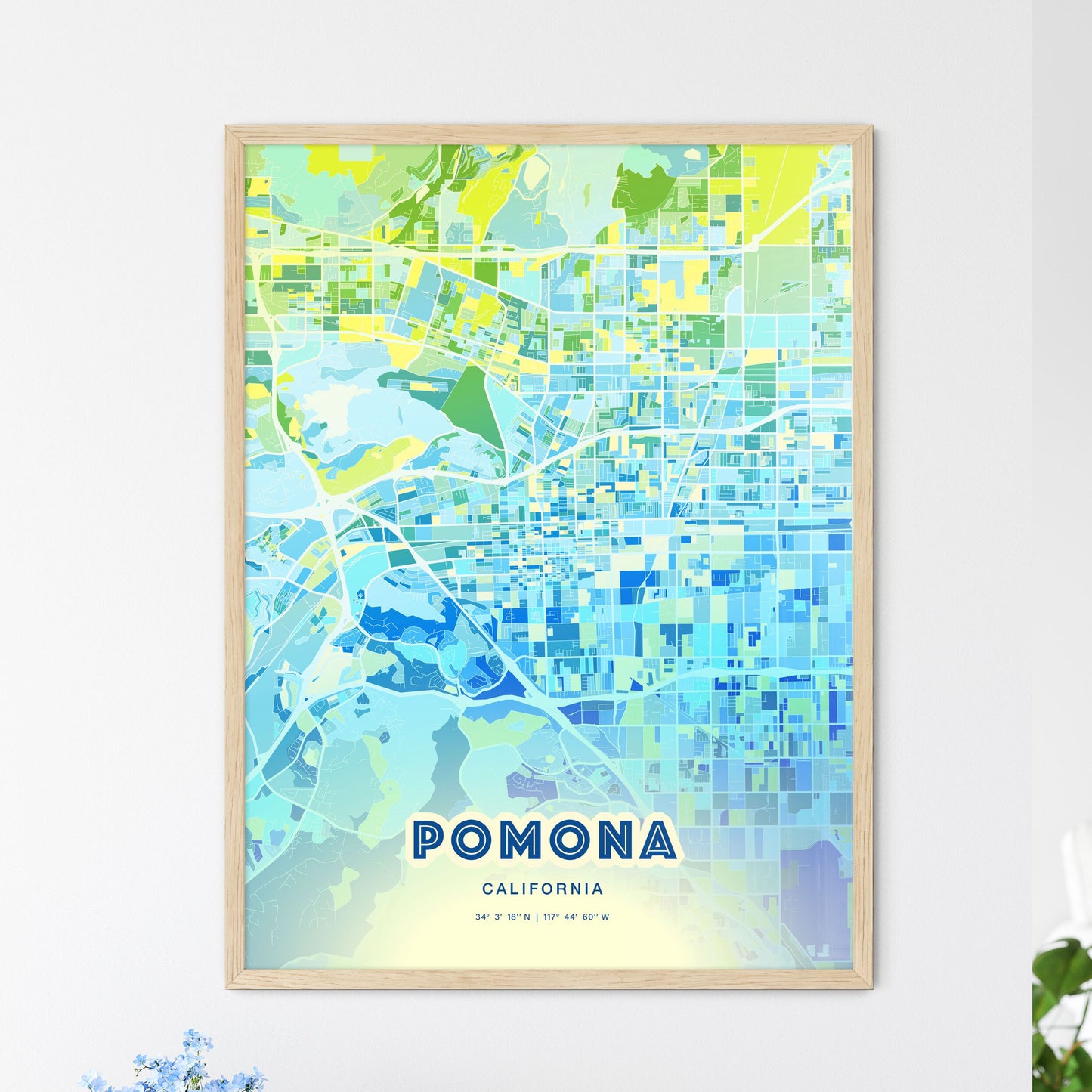 Colorful Pomona California Fine Art Map Cool Blue