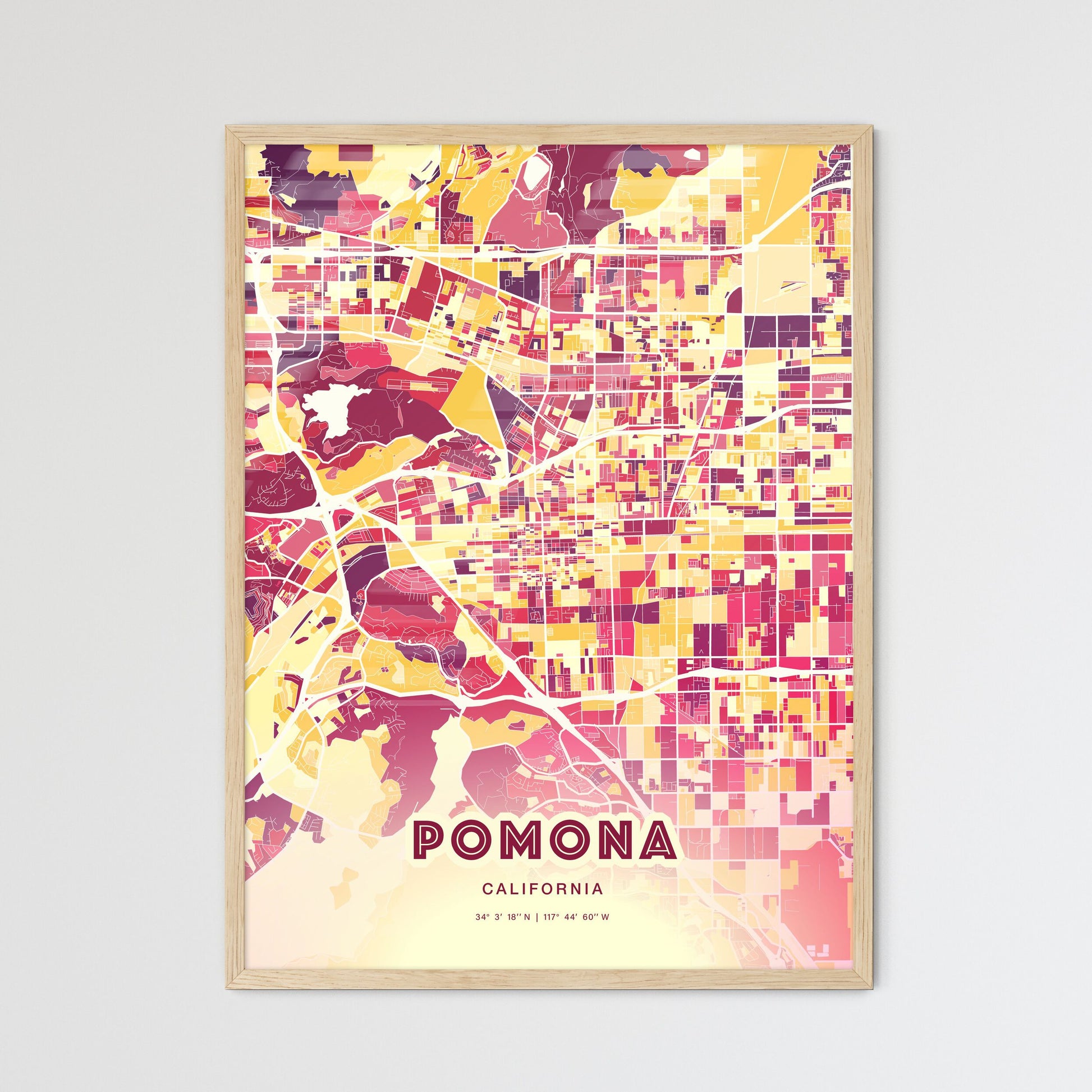 Colorful Pomona California Fine Art Map Hot Red