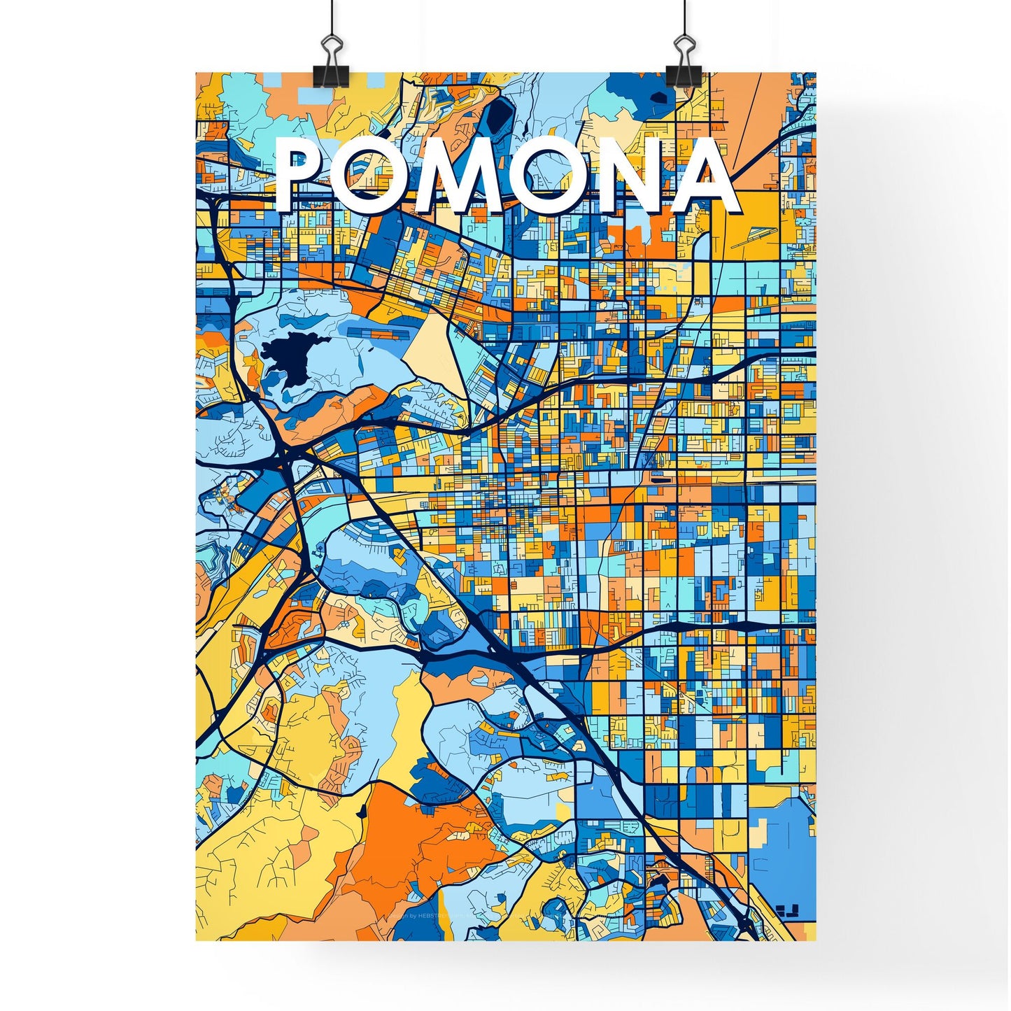 POMONA CALIFORNIA Vibrant Colorful Art Map Poster Blue Orange