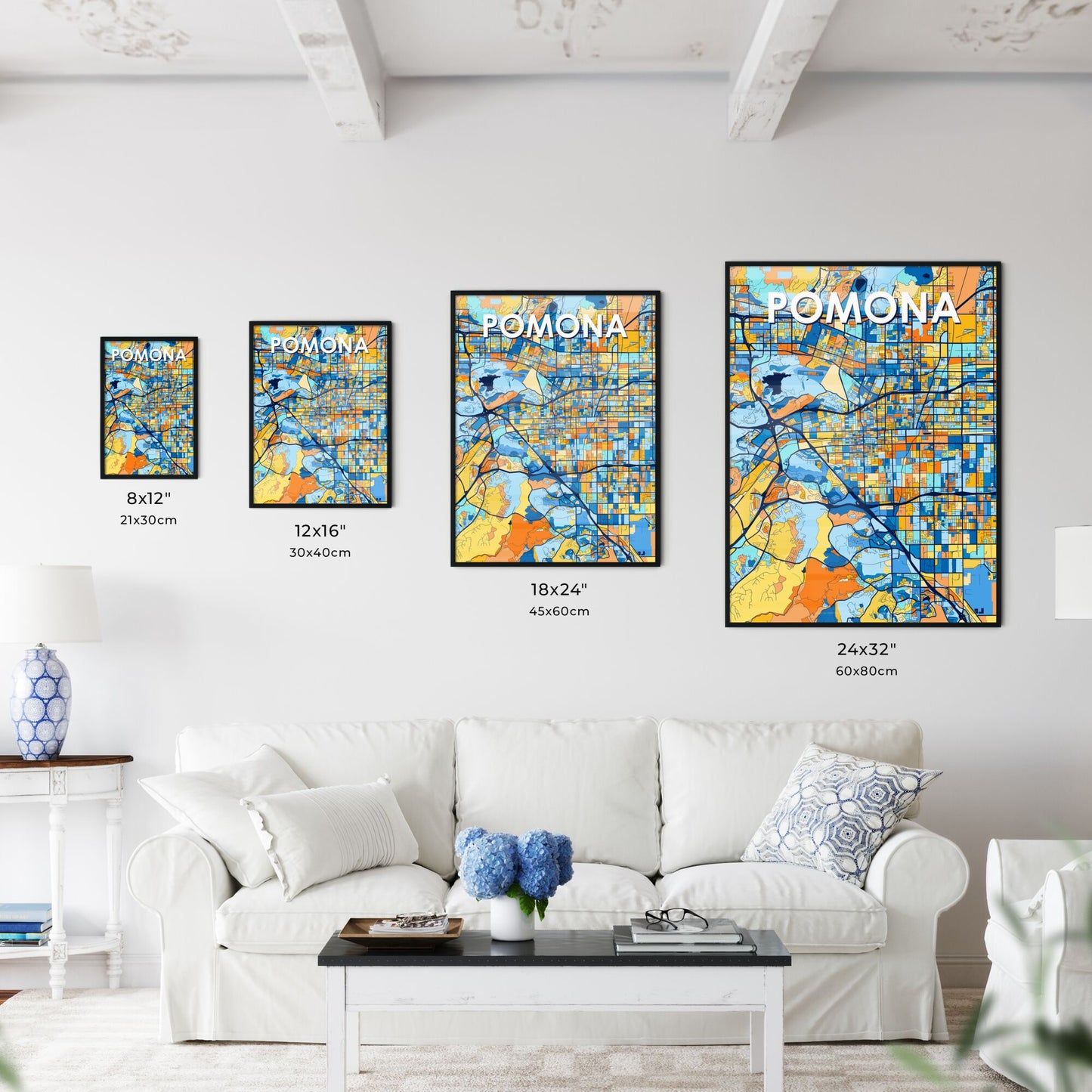 POMONA CALIFORNIA Vibrant Colorful Art Map Poster Blue Orange