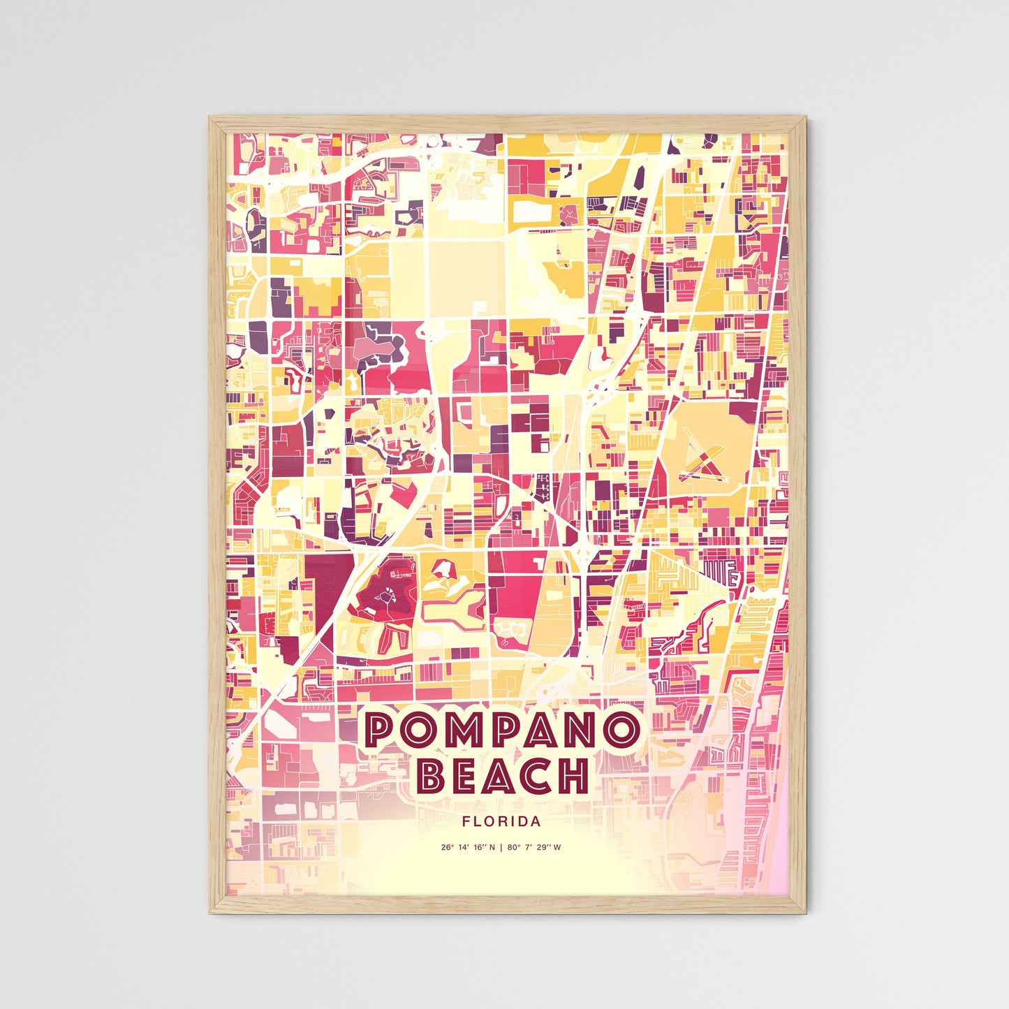 Colorful Pompano Beach Florida Fine Art Map Hot Red