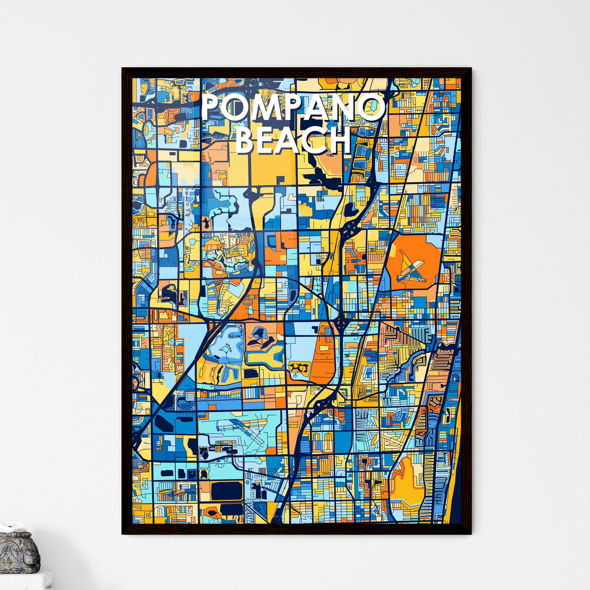 POMPANO BEACH FLORIDA Vibrant Colorful Art Map Poster Blue Orange