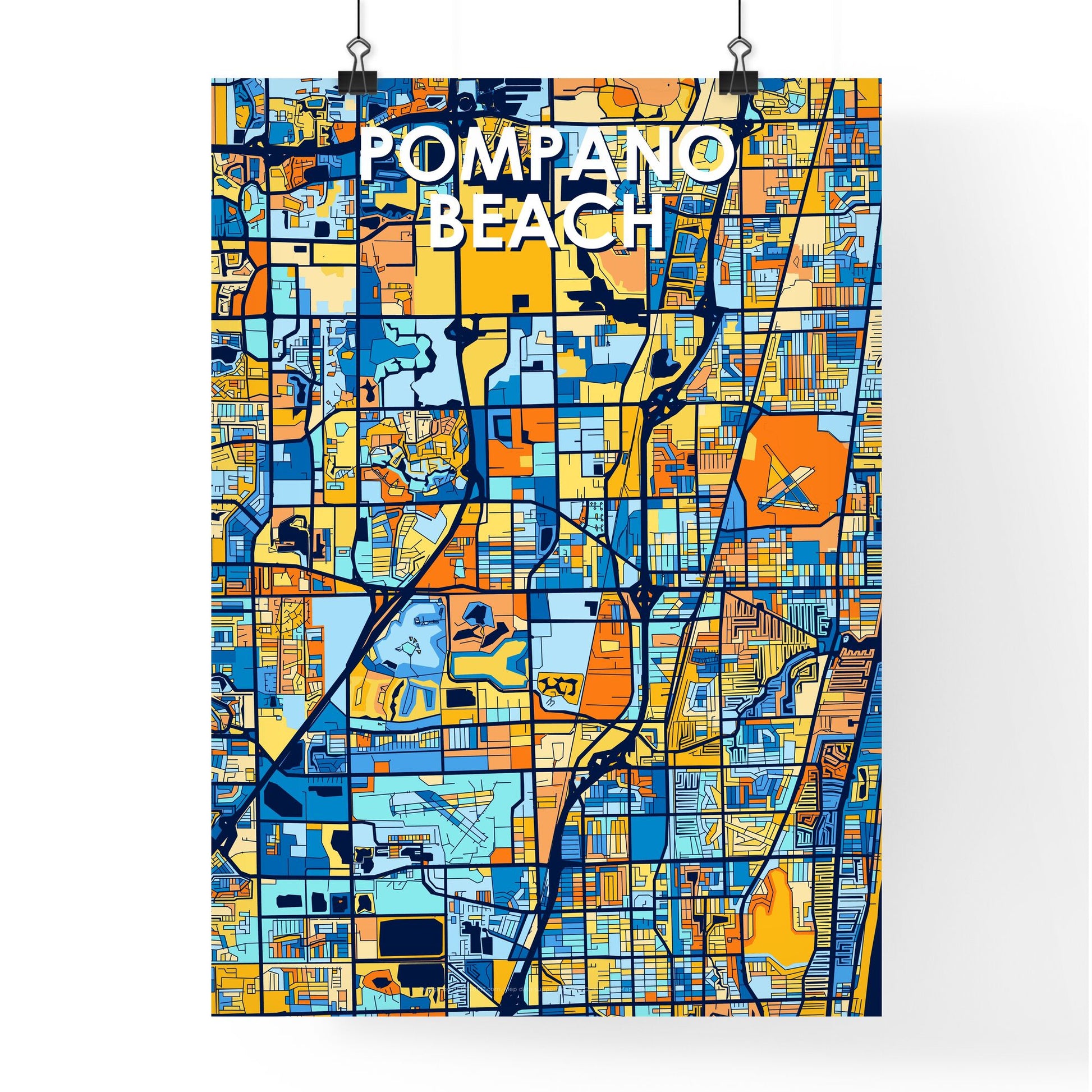 POMPANO BEACH FLORIDA Vibrant Colorful Art Map Poster Blue Orange