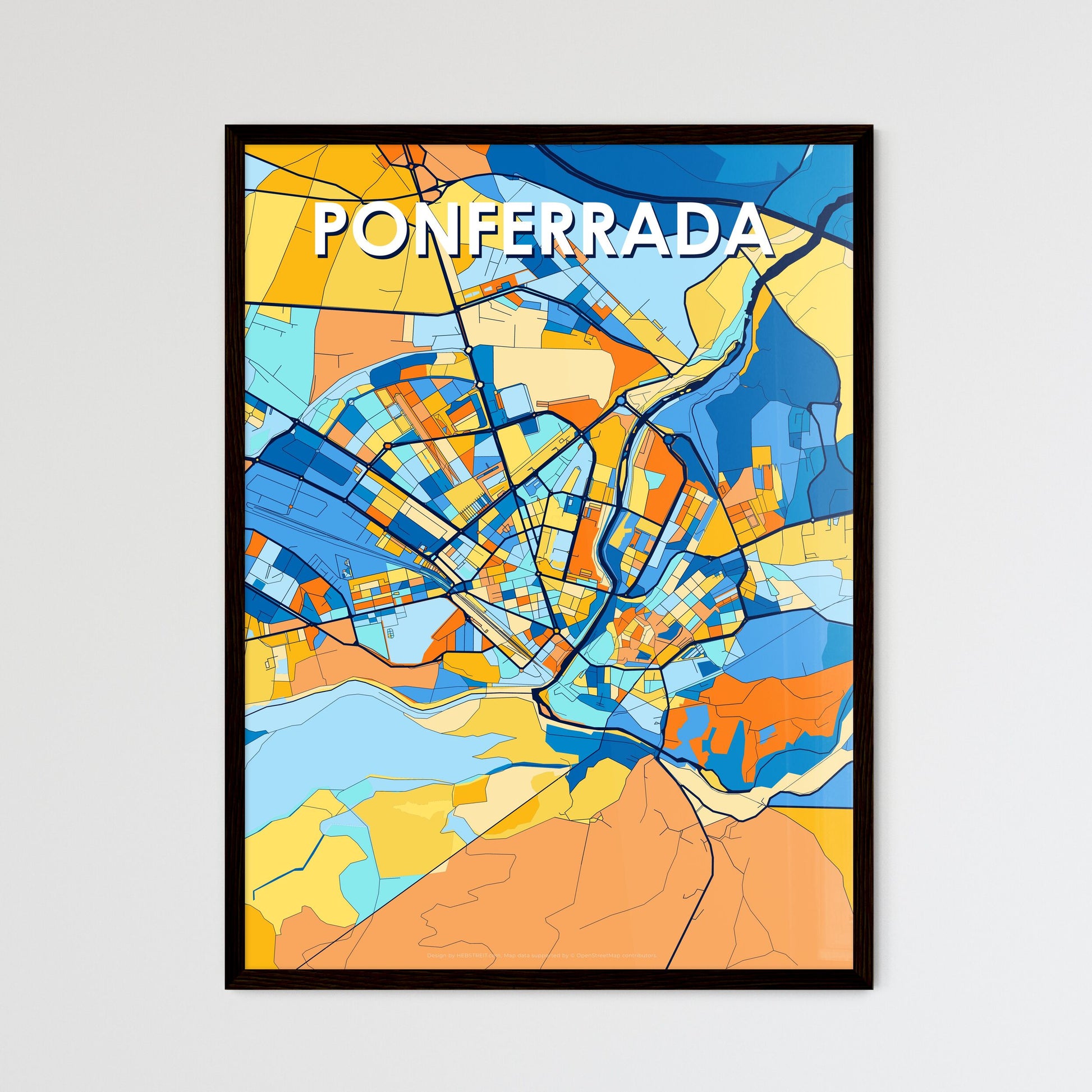 PONFERRADA SPAIN Vibrant Colorful Art Map Poster Blue Orange