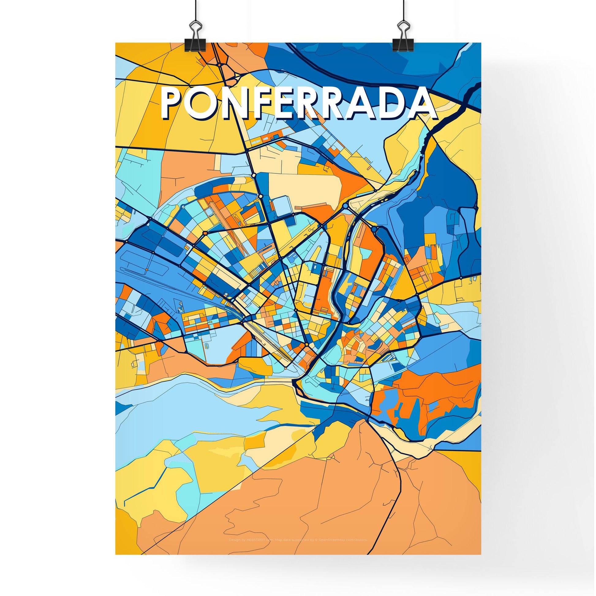 PONFERRADA SPAIN Vibrant Colorful Art Map Poster Blue Orange