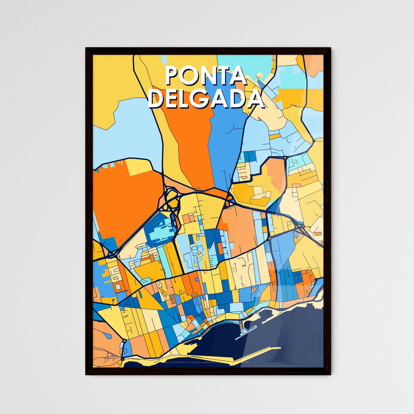 PONTA DELGADA PORTUGAL Vibrant Colorful Art Map Poster Blue Orange