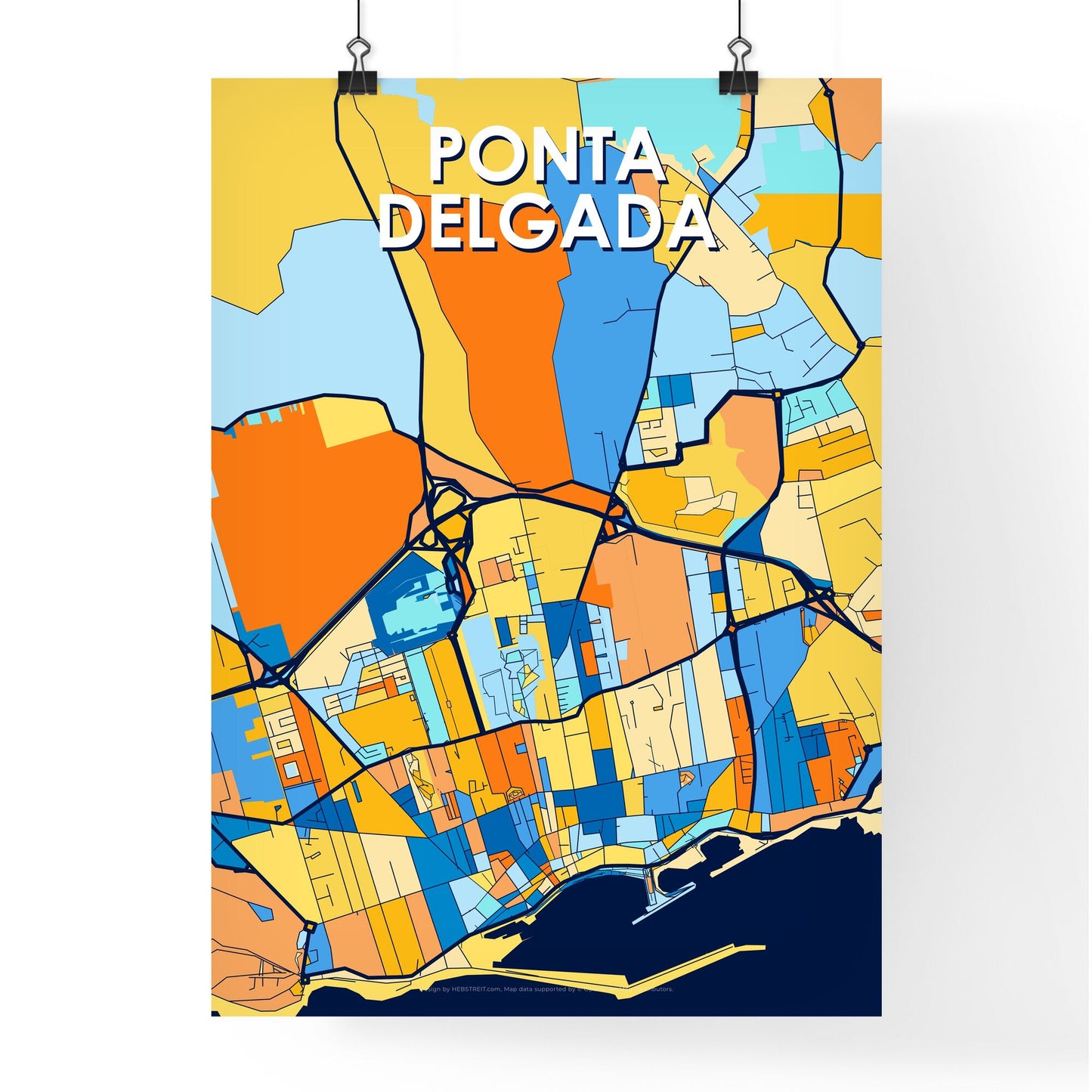 PONTA DELGADA PORTUGAL Vibrant Colorful Art Map Poster Blue Orange