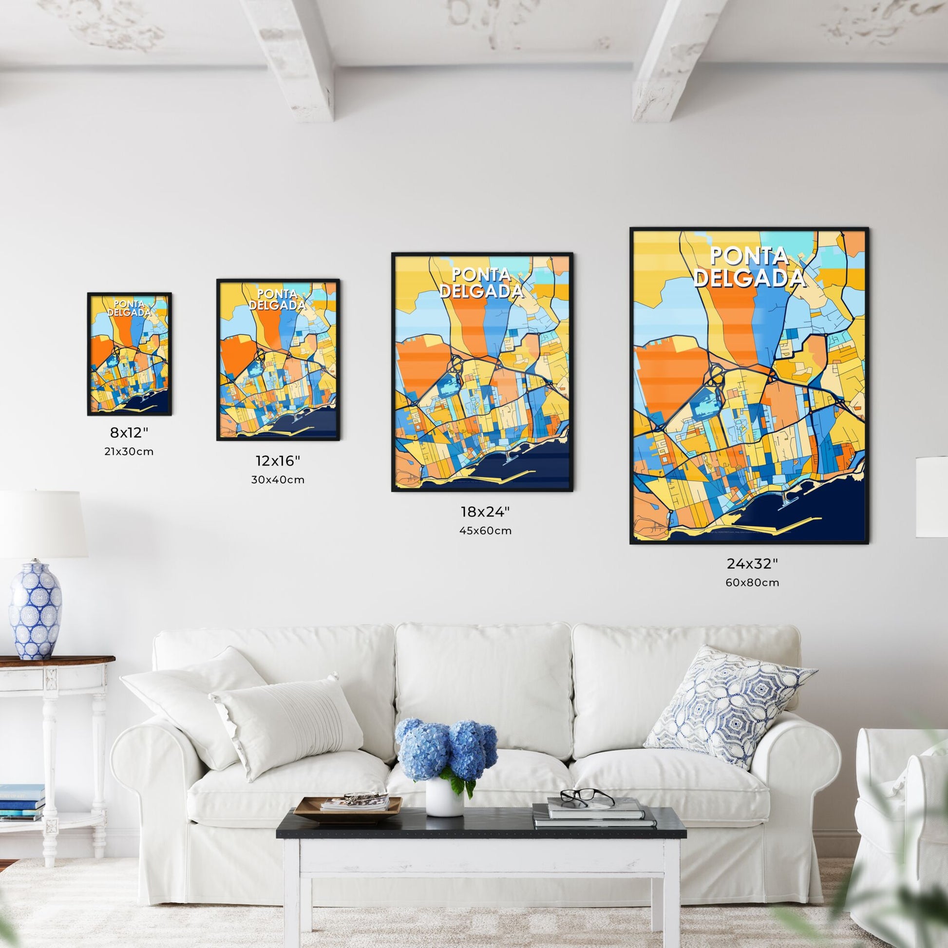 PONTA DELGADA PORTUGAL Vibrant Colorful Art Map Poster Blue Orange