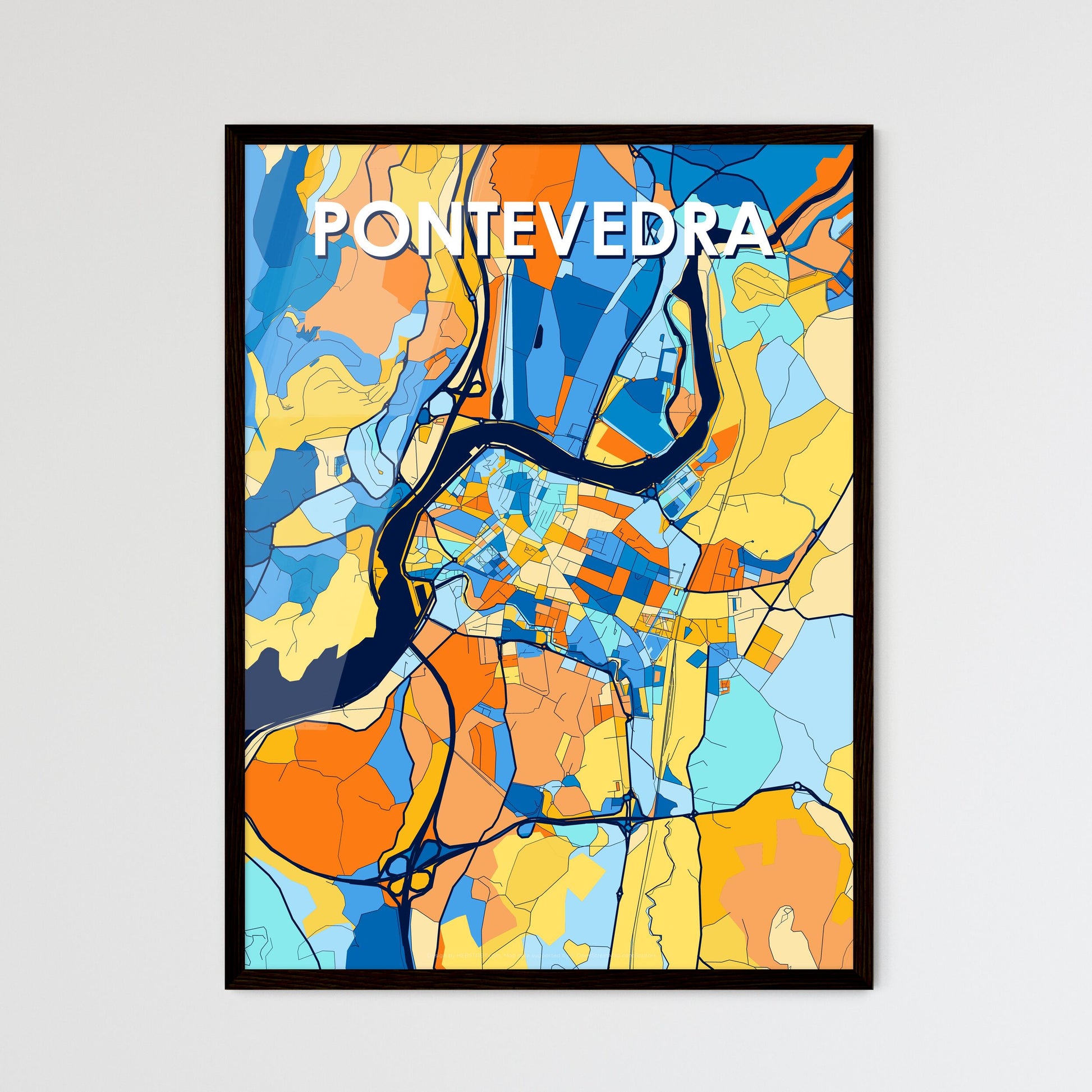 PONTEVEDRA SPAIN Vibrant Colorful Art Map Poster Blue Orange