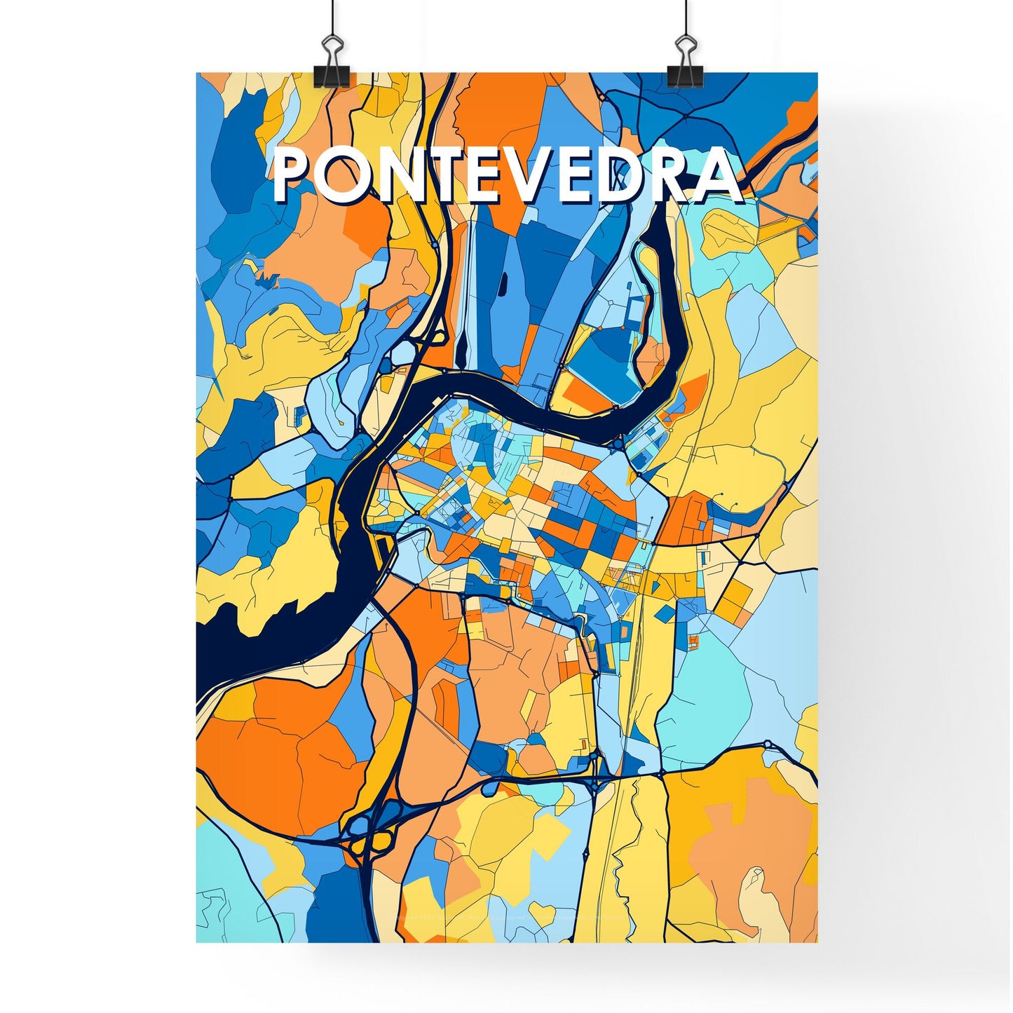 PONTEVEDRA SPAIN Vibrant Colorful Art Map Poster Blue Orange