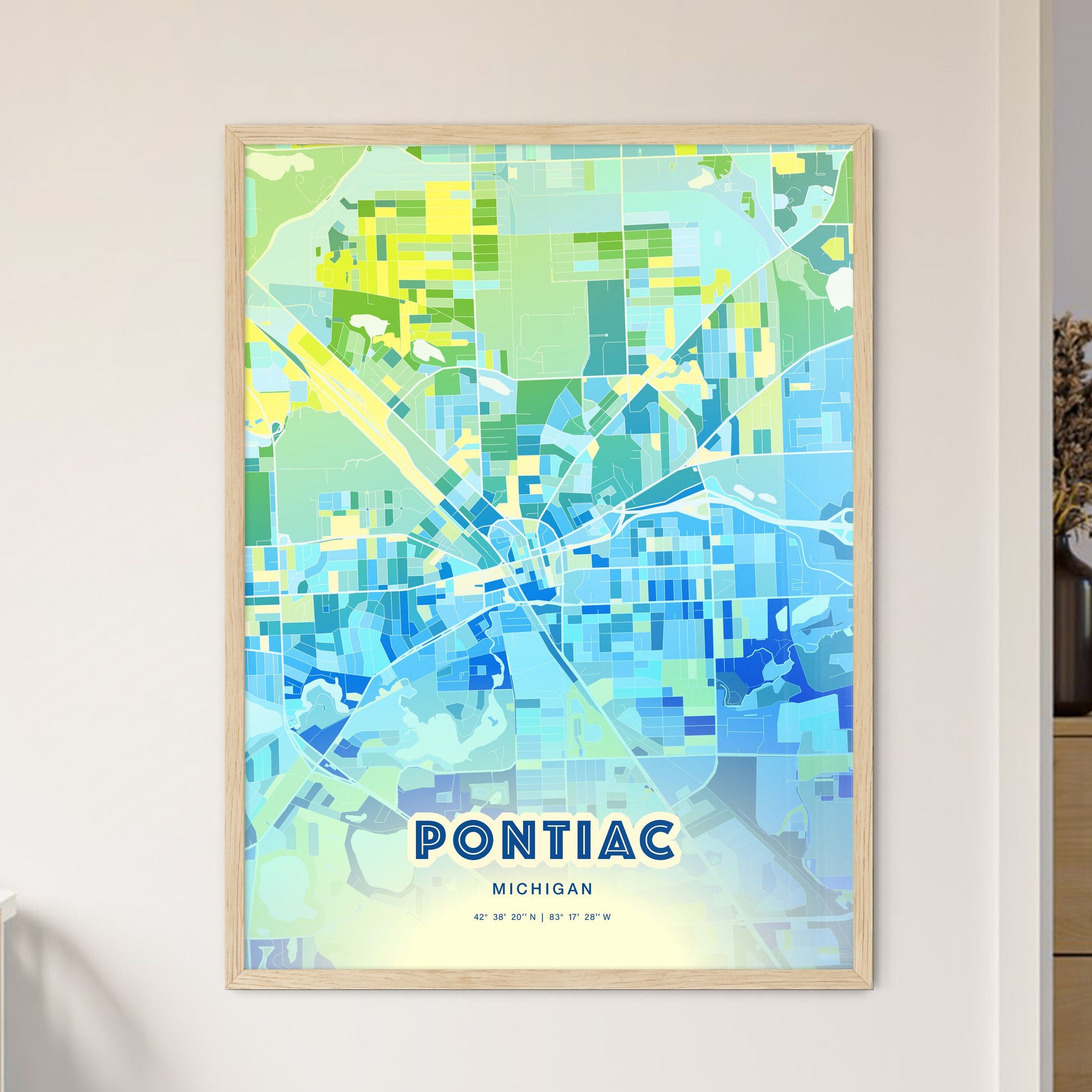 Colorful Pontiac Michigan Fine Art Map Cool Blue