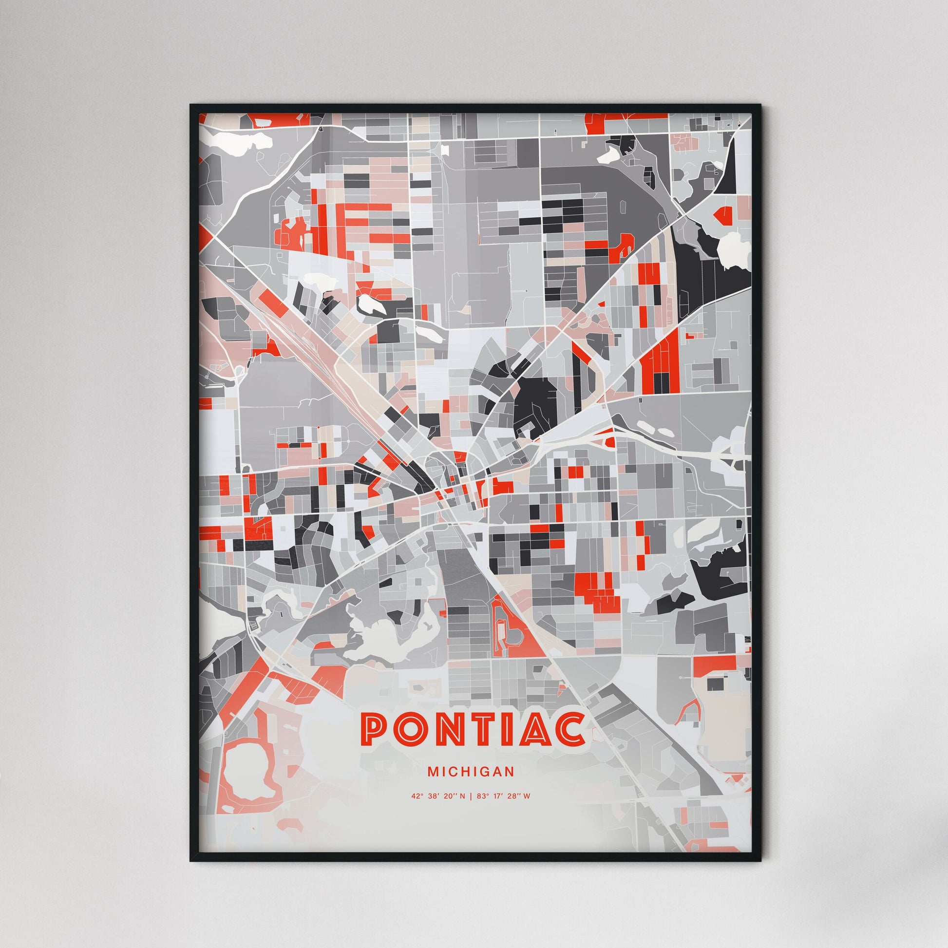 Colorful Pontiac Michigan Fine Art Map Modern Expressive