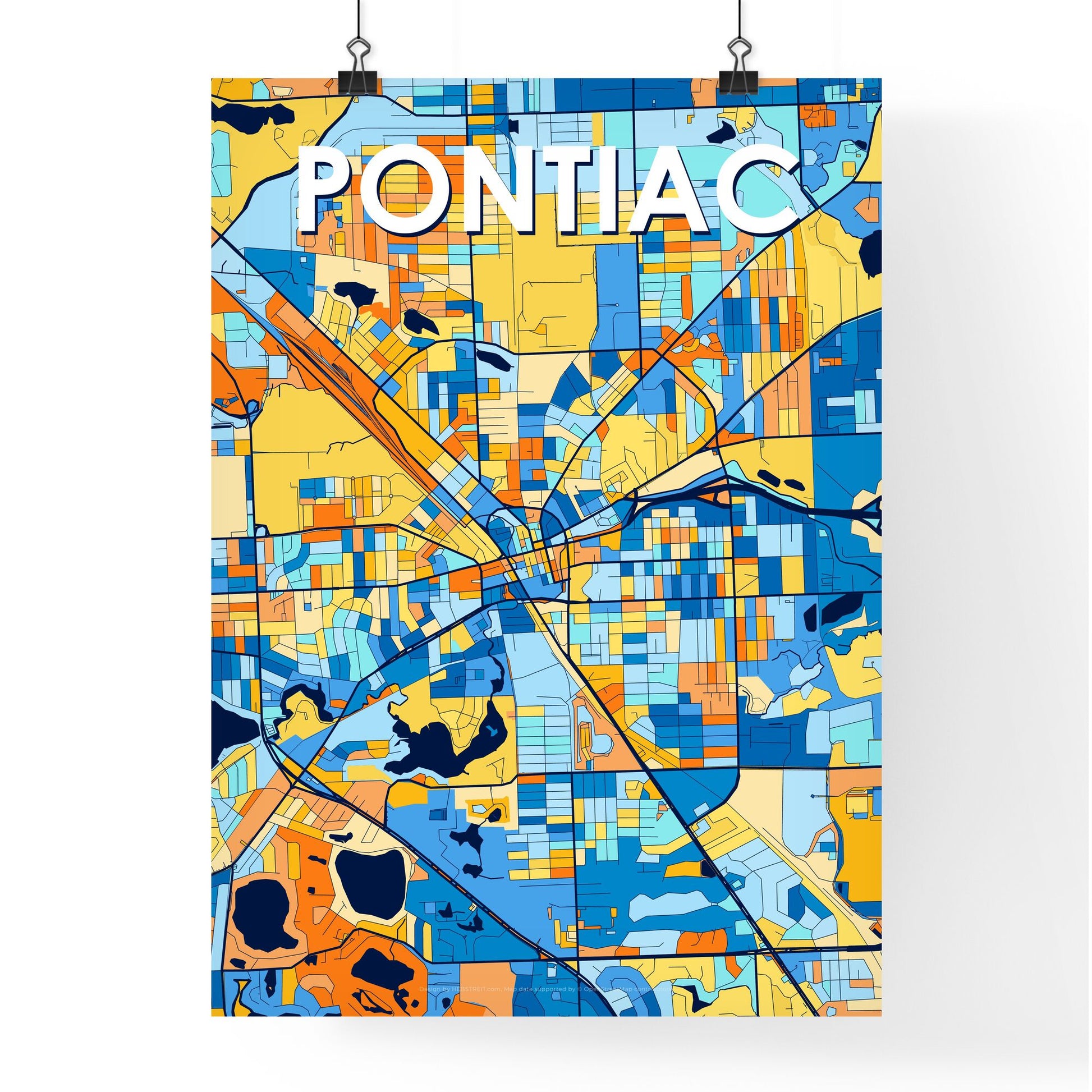 PONTIAC MICHIGAN Vibrant Colorful Art Map Poster Blue Orange