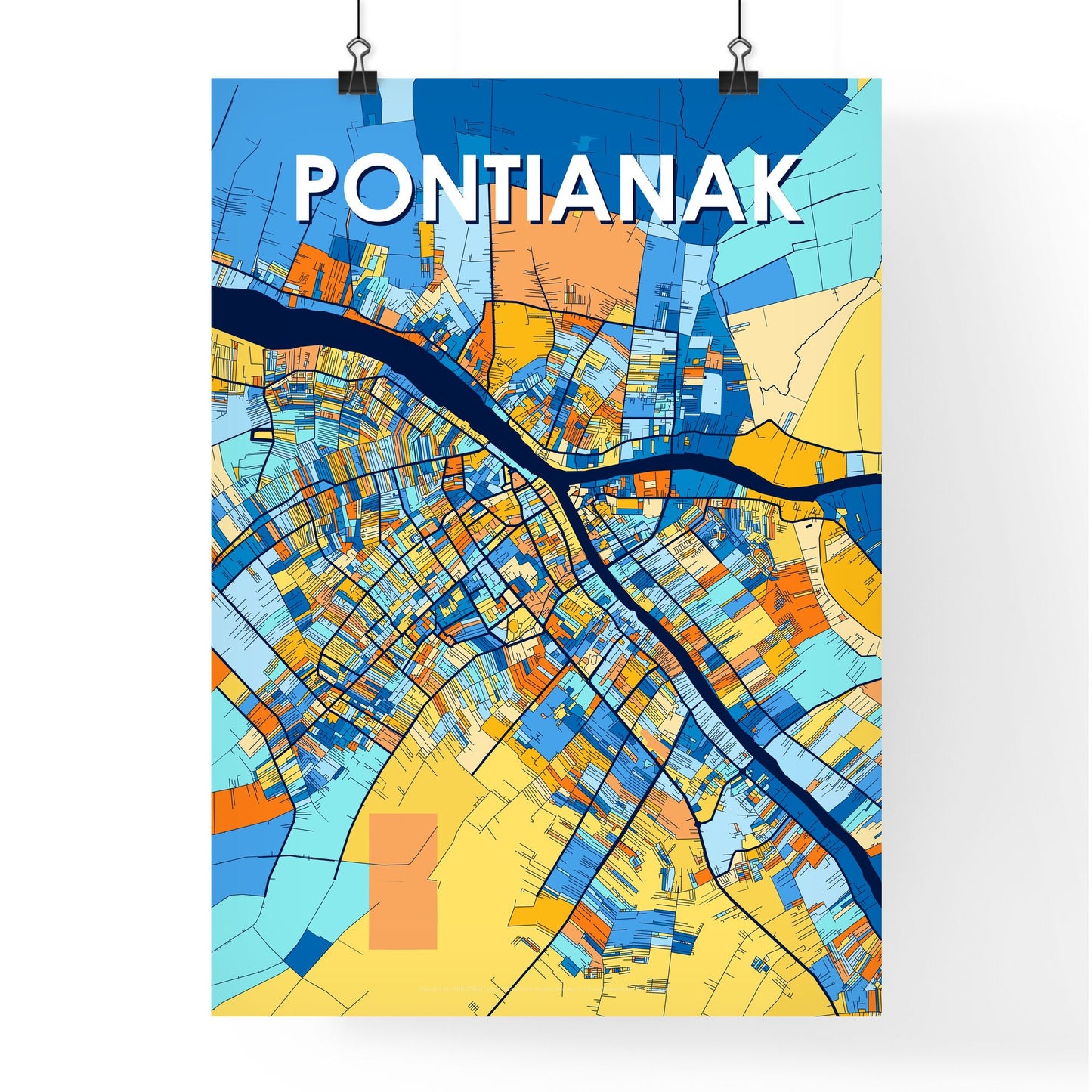 PONTIANAK INDONESIA Vibrant Colorful Art Map Poster Blue Orange