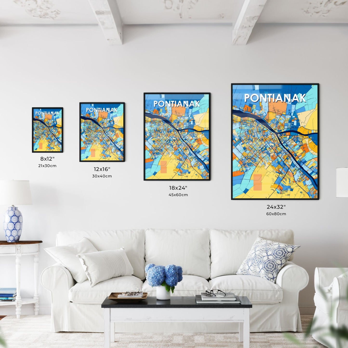 PONTIANAK INDONESIA Vibrant Colorful Art Map Poster Blue Orange