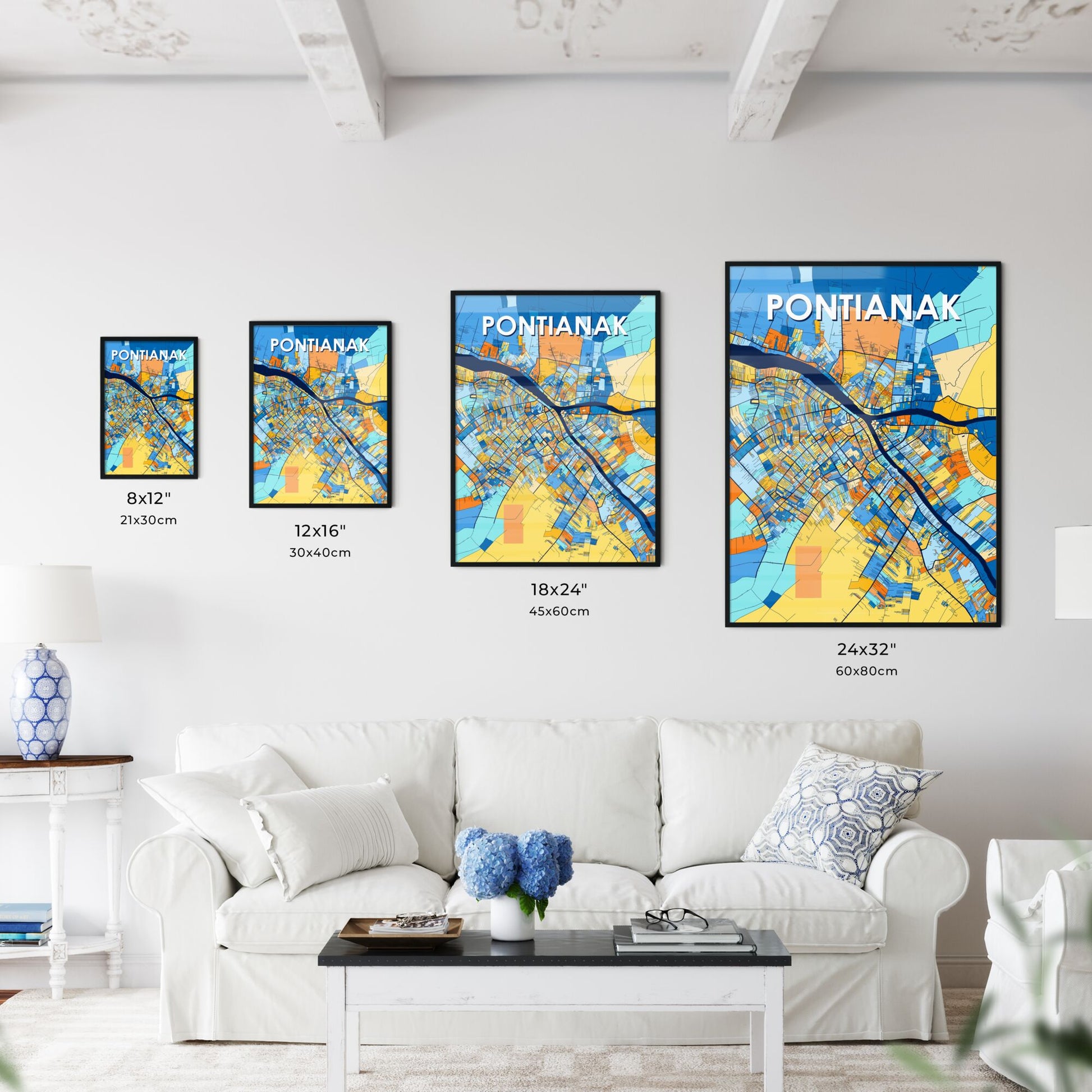 PONTIANAK INDONESIA Vibrant Colorful Art Map Poster Blue Orange