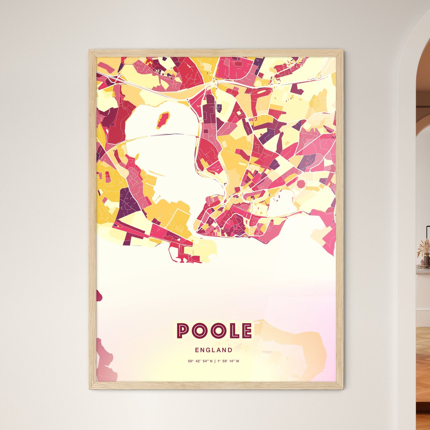 Colorful Poole England Fine Art Map Hot Red