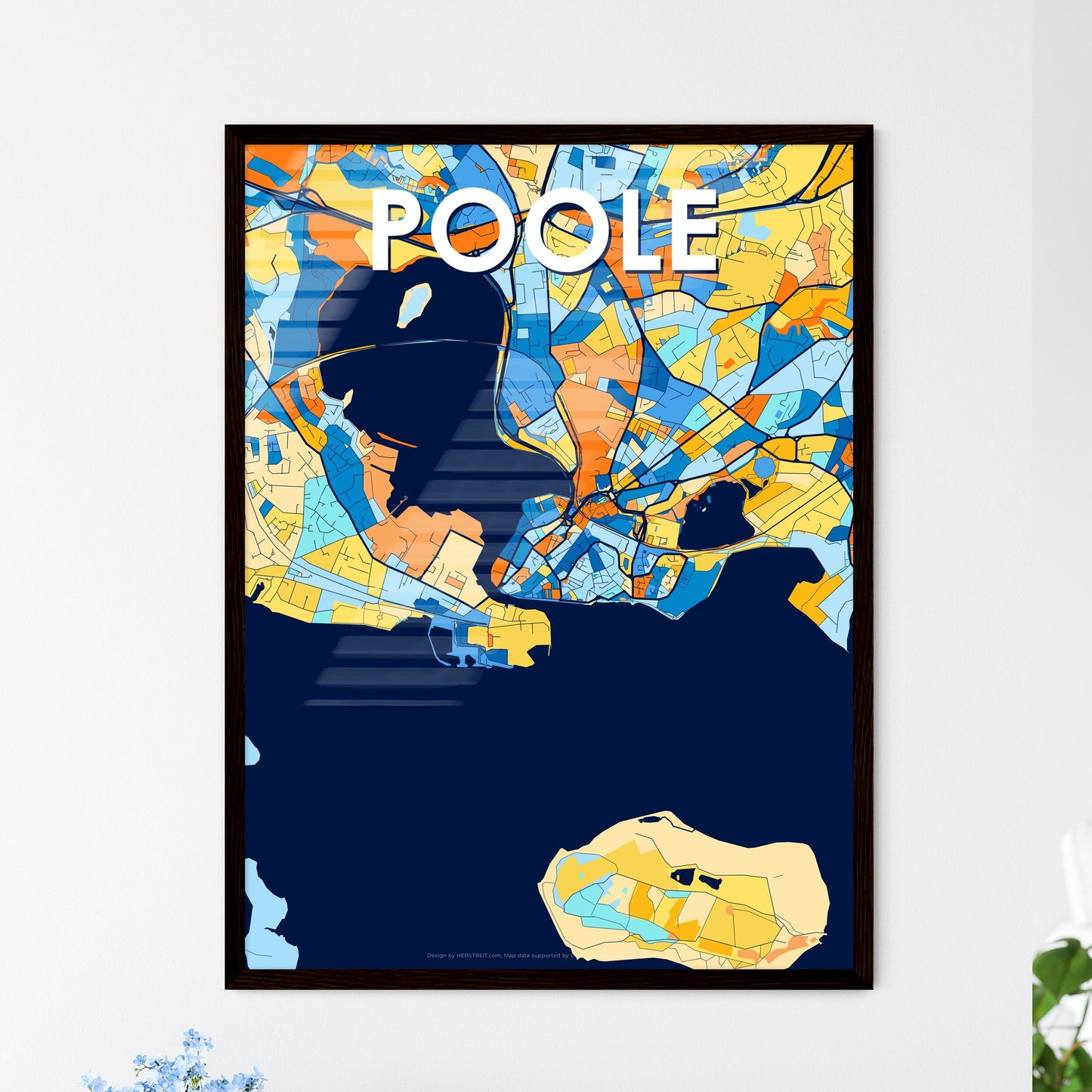 POOLE ENGLAND Vibrant Colorful Art Map Poster Blue Orange