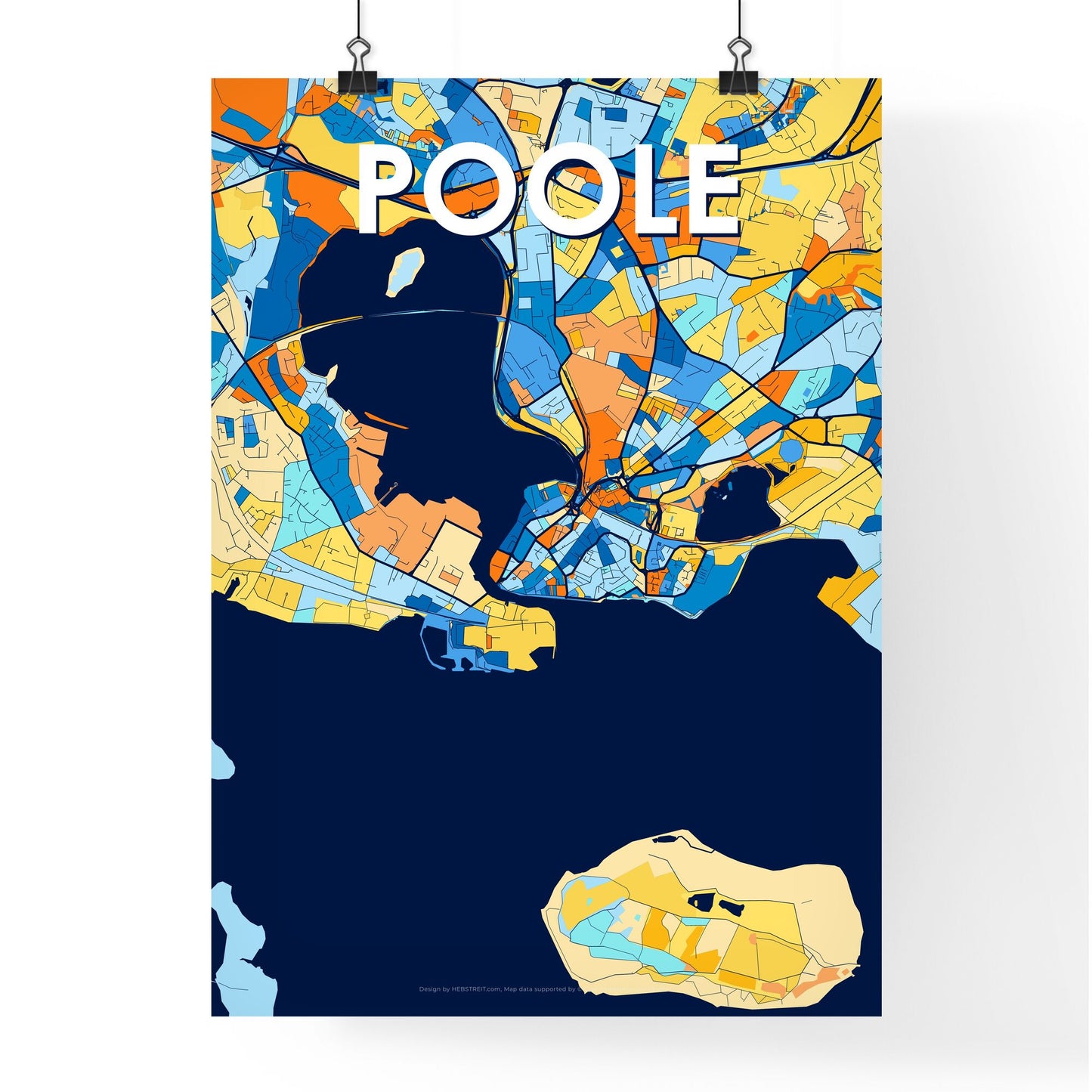 POOLE ENGLAND Vibrant Colorful Art Map Poster Blue Orange