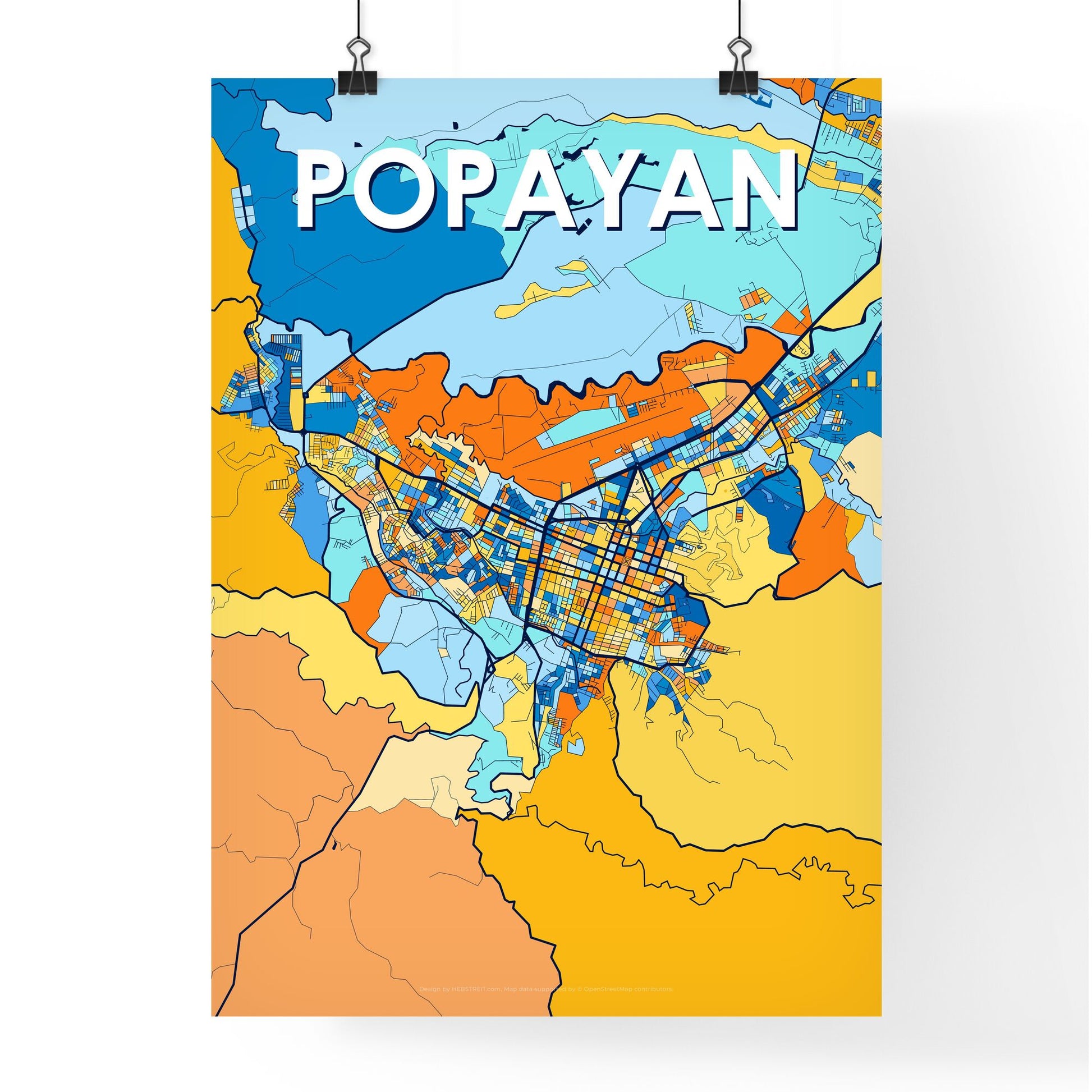 POPAYAN COLOMBIA Vibrant Colorful Art Map Poster Blue Orange