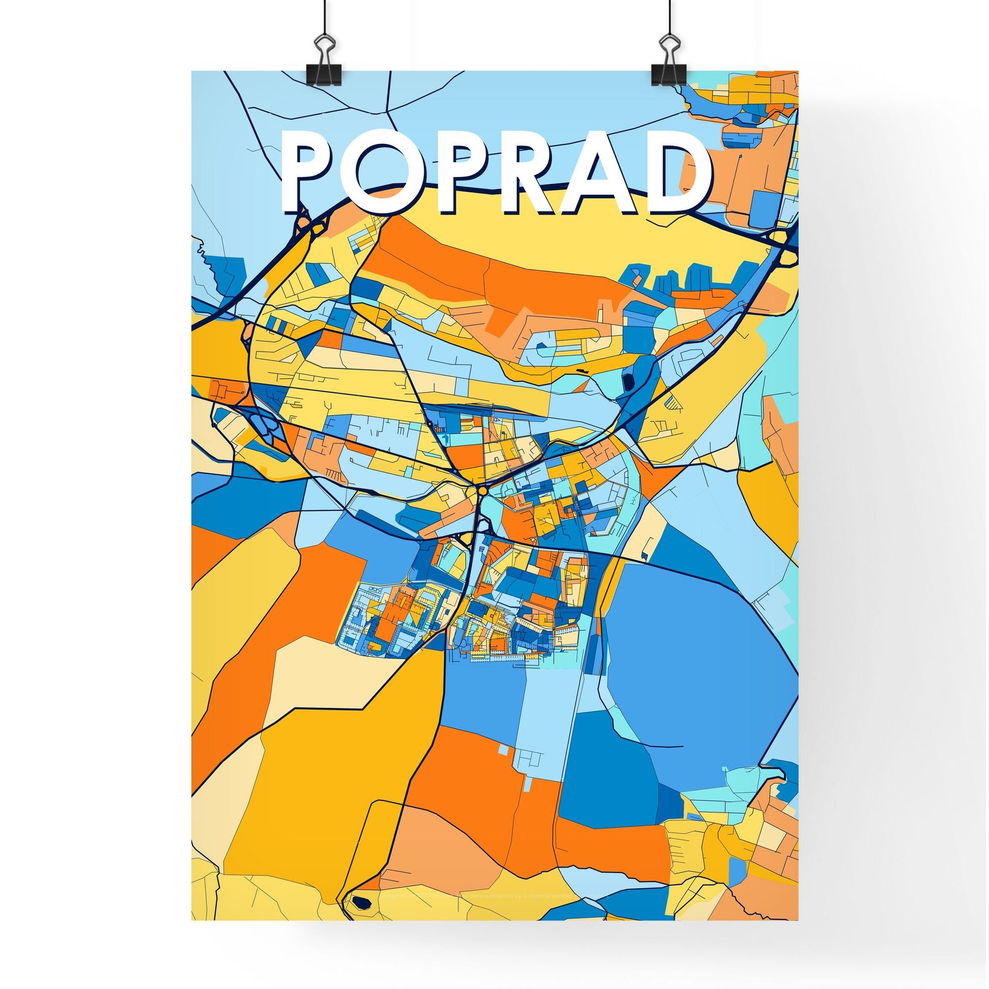 POPRAD SLOVAKIA Vibrant Colorful Art Map Poster Blue Orange